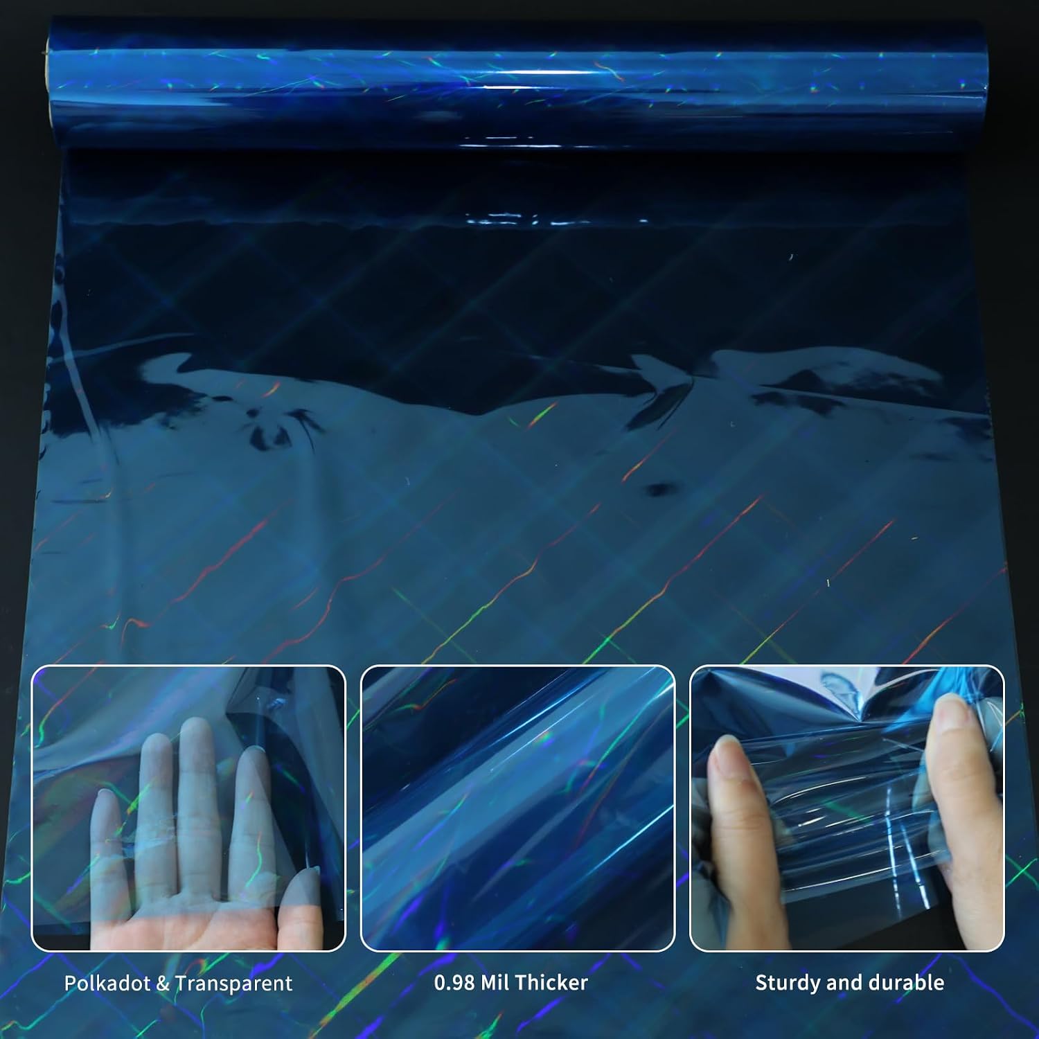 Iridescent Cellophane Wrap Roll, 100 Ft x 34 In Blue Colored Holographic Wrapping Paper, Transparent 3Mil Thicker Cellophane Roll, Gift Baskets Wrap Cellophane Film for Gifts, Flowers, Christmas