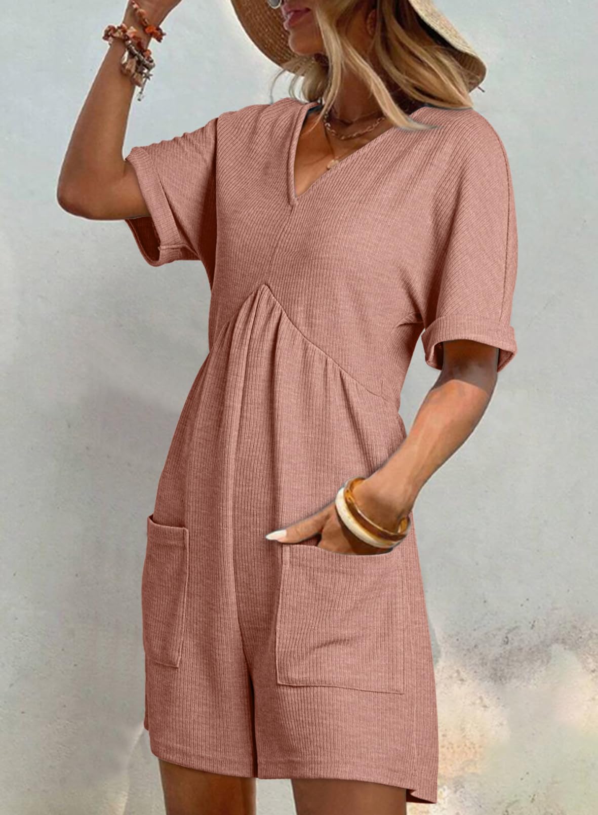 AlvaQ Rompers for Women Solid Color Casual Short Sleeve V Neck Zipper Short Jumpsuits with Pockets: Medium Pink