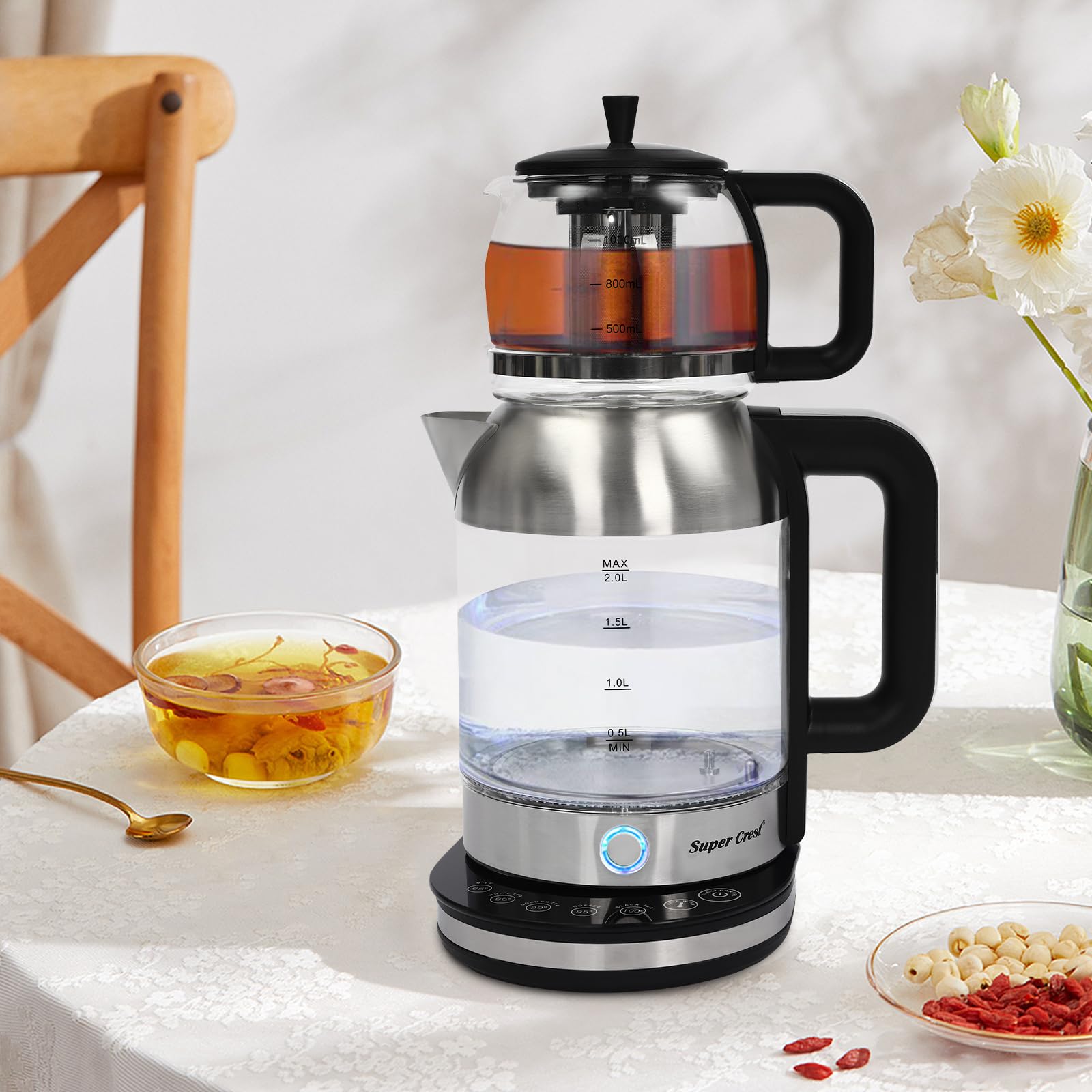 Doppelter Wasserkocher Teekocher, Tragbarer Glas Heißwasserkocher mit Temperaturregelung, für Büros, Hotels, Wohnungen, Hausgebrauch (2.5L Großen Wasserkochers+1L Kleinen Teekanne)