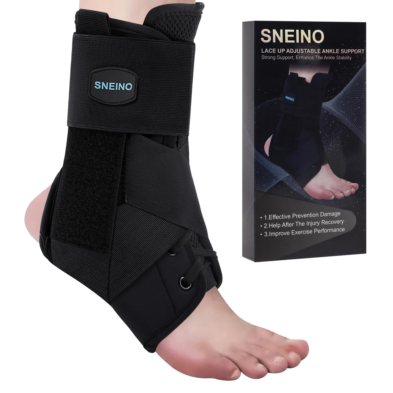 SNEINO Ankle Brace for Women & Men - Ankle Brace for Sprained Ankle, Adjustable Lace Up Ankle Brace for Running, Basketball, Volleyball, Ankle Support Brace (Black, Large 5)