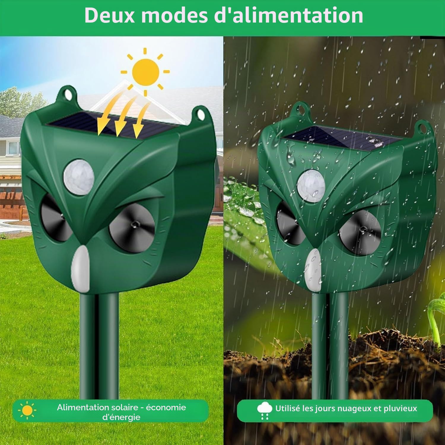 Répulsif à ultrasons pour chat, 5 modes, solaire et rechargeable, dissuasif pour cerf, chien, lapin, mouffette, oiseau pour jardin extérieur (RC546)