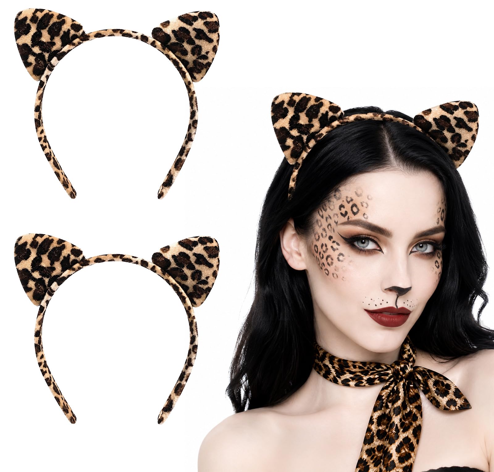 2PCS Leopard Print Cat Ears Cute Halloween Headband for Women Cosplay Party