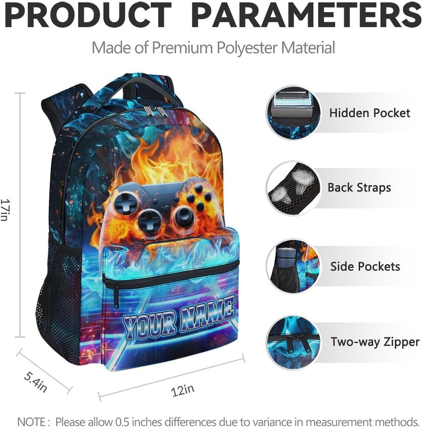 Custom School Backpack for Boys - Gamer Backpack for Kids Ages 8-10, 17 Inch Gaming Bookbag Back to School Supplies Gifts for Elementary Middle School