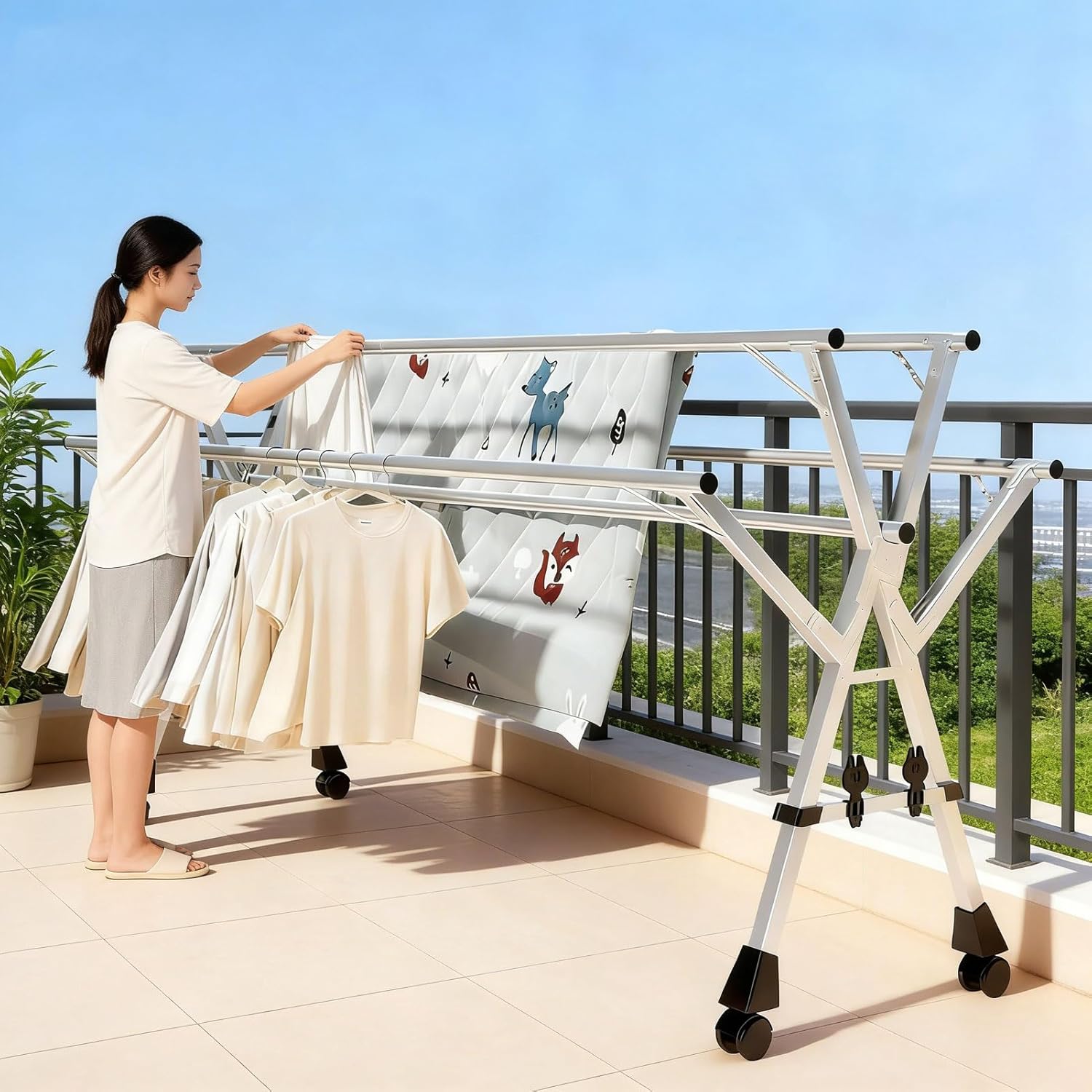 HUHJYUGE Heavy Duty Clothes Drying Rack, Outdoor Foldable Clothes Drying Rack, Stainless Steel 5-Pole Laundry Stand with Wheels, Space-Saving Portable Clothes Airer (160cm/63inch)