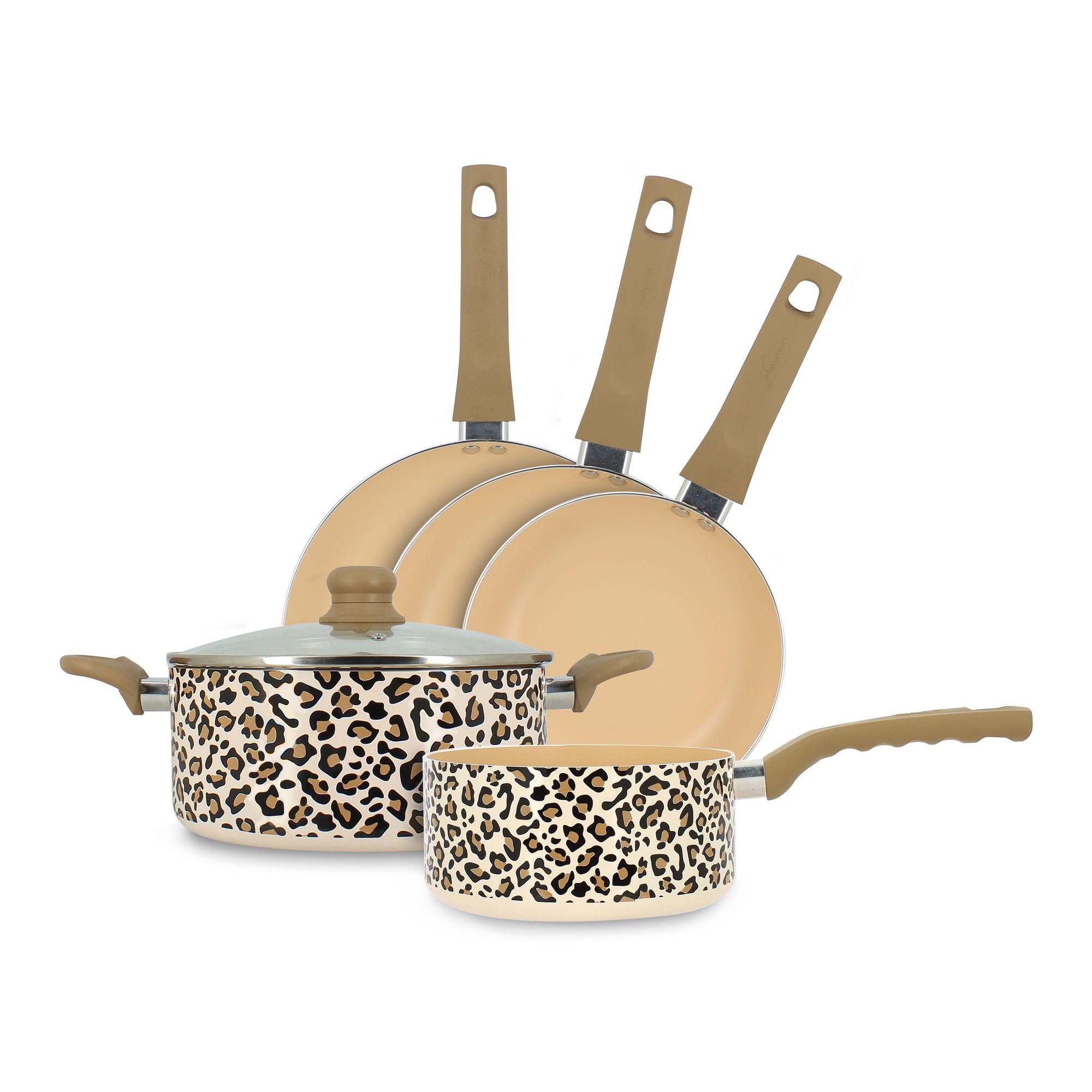 MENASTYL - Batterie de cuisine 5 pièces Léopard 24cm tous feux dont induction - Revêtement antiadhésif - Aluminium recyclé - Poignée effet bois ergonomique - Motif Léopard - 6014233
