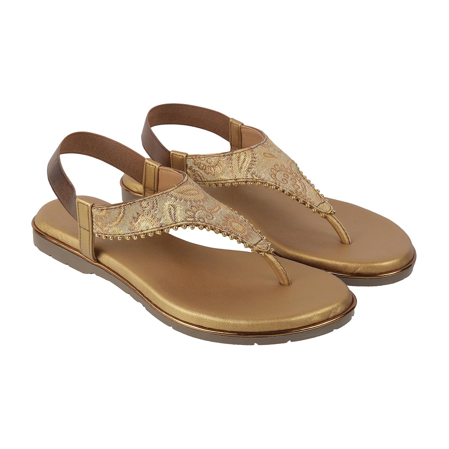 Women's Thong Sandals, Gold Brocade Pattern with Beaded Trim, Elastic Slingback Strap-image-11