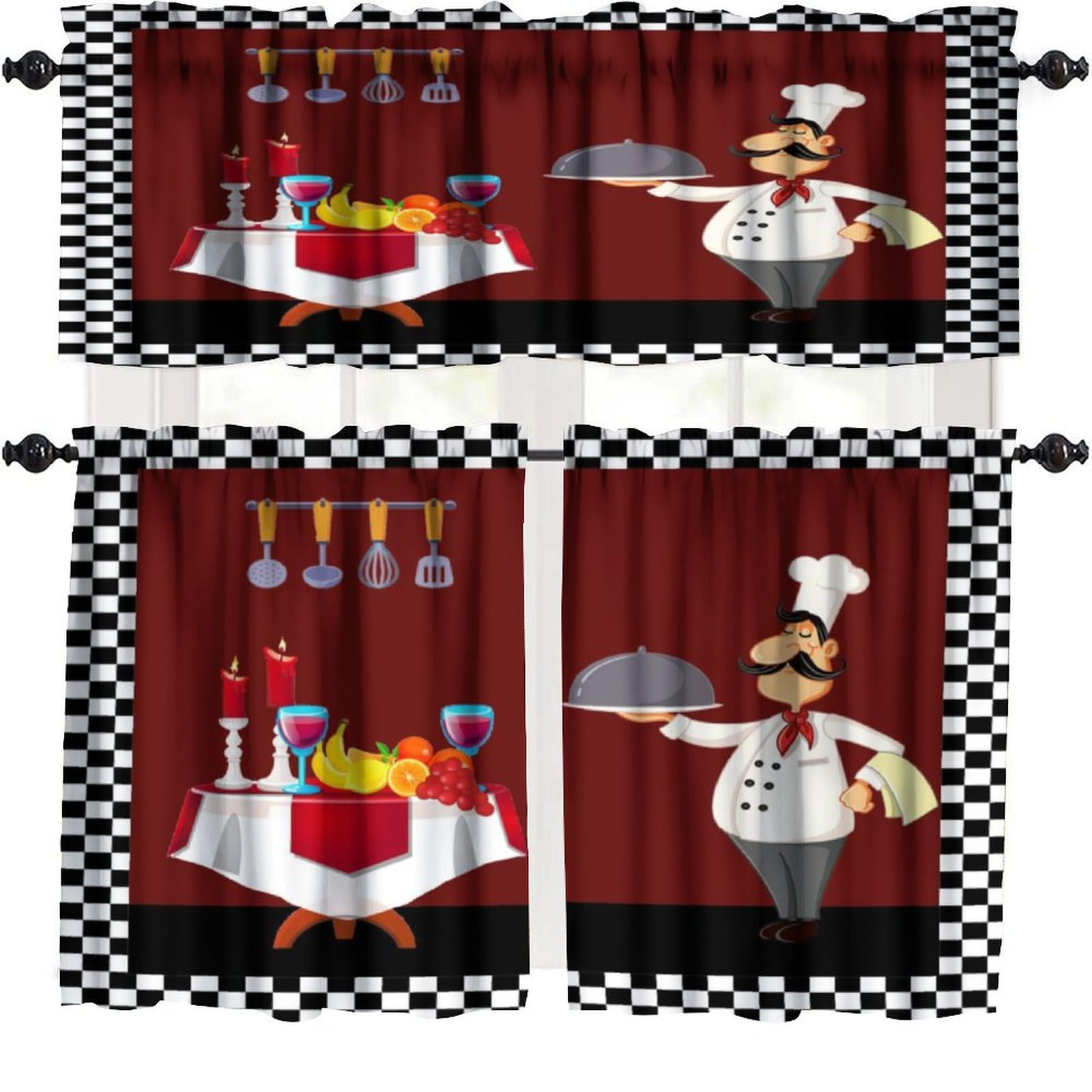 Chef Window Curtain Valances,Fat Chef Cook Theme Vintage Black And White Buffalo Check Printed Small Window Treatments For Kitchen Living Room Decor Rod Pocket Valances 54x18 & 27x24x2, 3 Panel