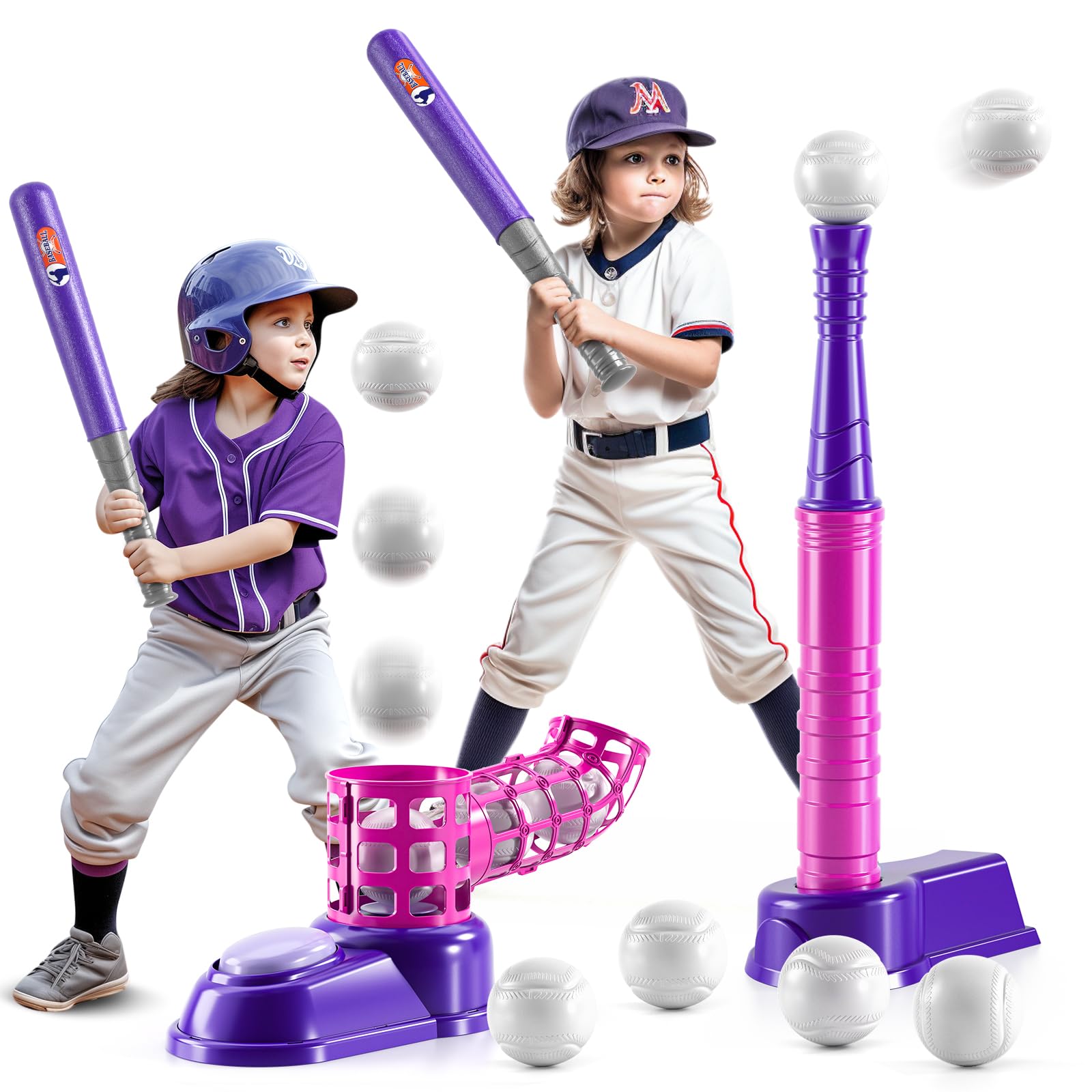 NIPLOOOW 2 in 1 T Ball Sets for Kids 3-5,Tee Ball Set with 10 Balls,Step on Pitching Machine,Teeball Batting Tee,Baseball Toys Outdoor/Indoor Sport
