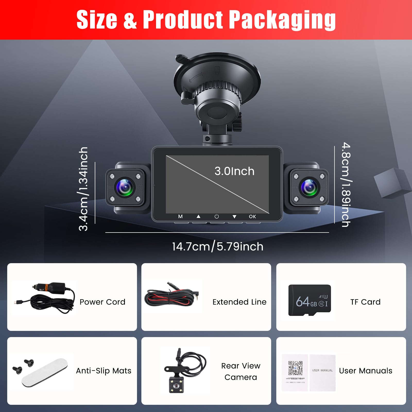 360° Dashcam 4 Canales, Camara para Coche Frontal 1080P, Pantalla IPS 3" | Cámara Vigilancia Coche Con WIFI y APP/Tarjeta SD 64GB/G-Sensor/24H Modo Aparcamiento/Visión Nocturna/Grabación en Bucle