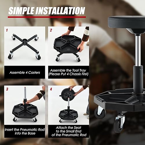 Miniatura 26 de Goplus Taburete mecánico, silla de garaje con ruedas de altura ajustable de 16 a 22 pulgadas, bandeja magnética extraíble para herramientas, cojín