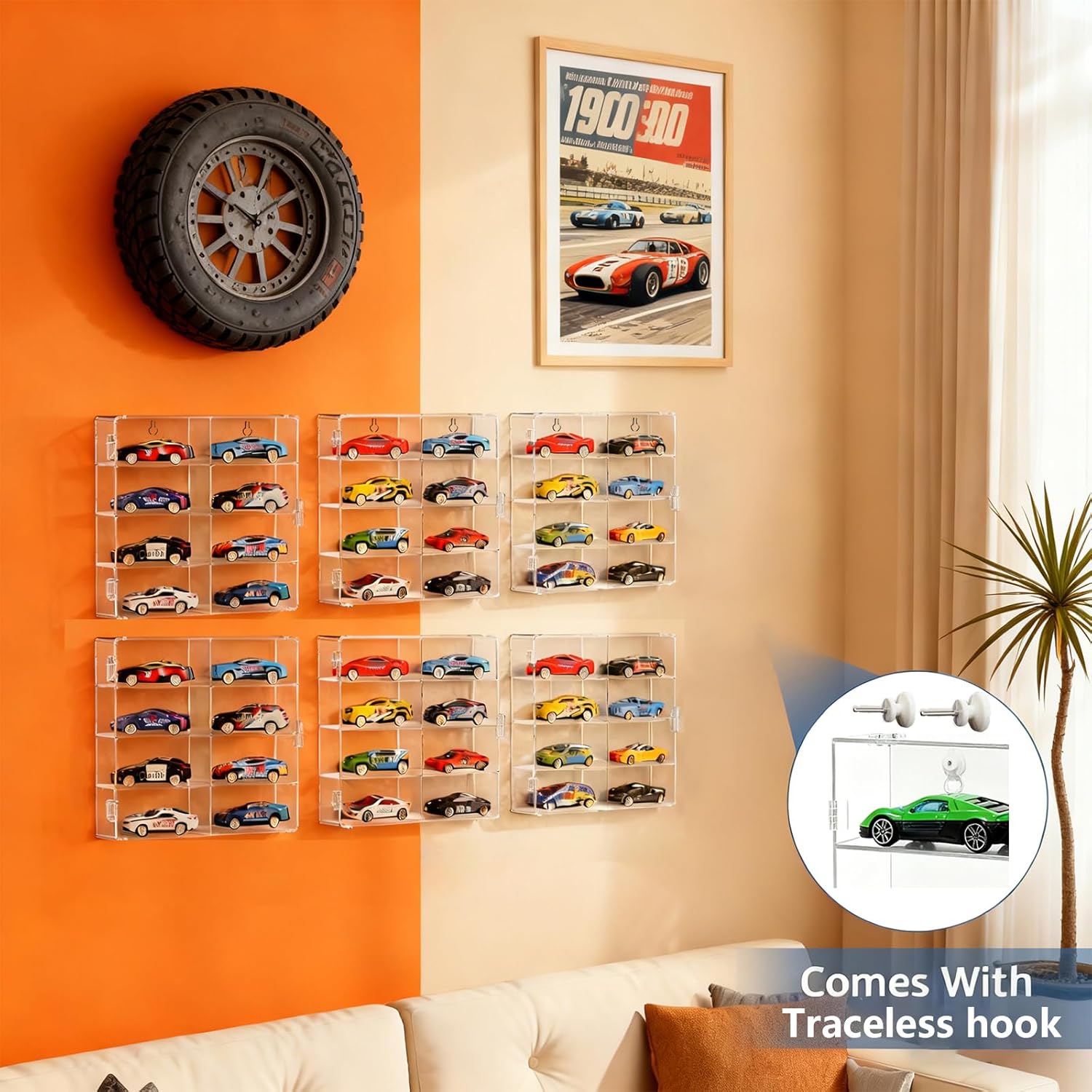 4-Pack Clear Display Case for 1/64 Scale Die-Cast Cars, Compatible with Hot Wheels & Matchbox, Wall-Mountable & Stackable Toy Car Storage Boxes, Holds 32 Cars, Dustproof, 6.5 × 7.5 × 1.6 in