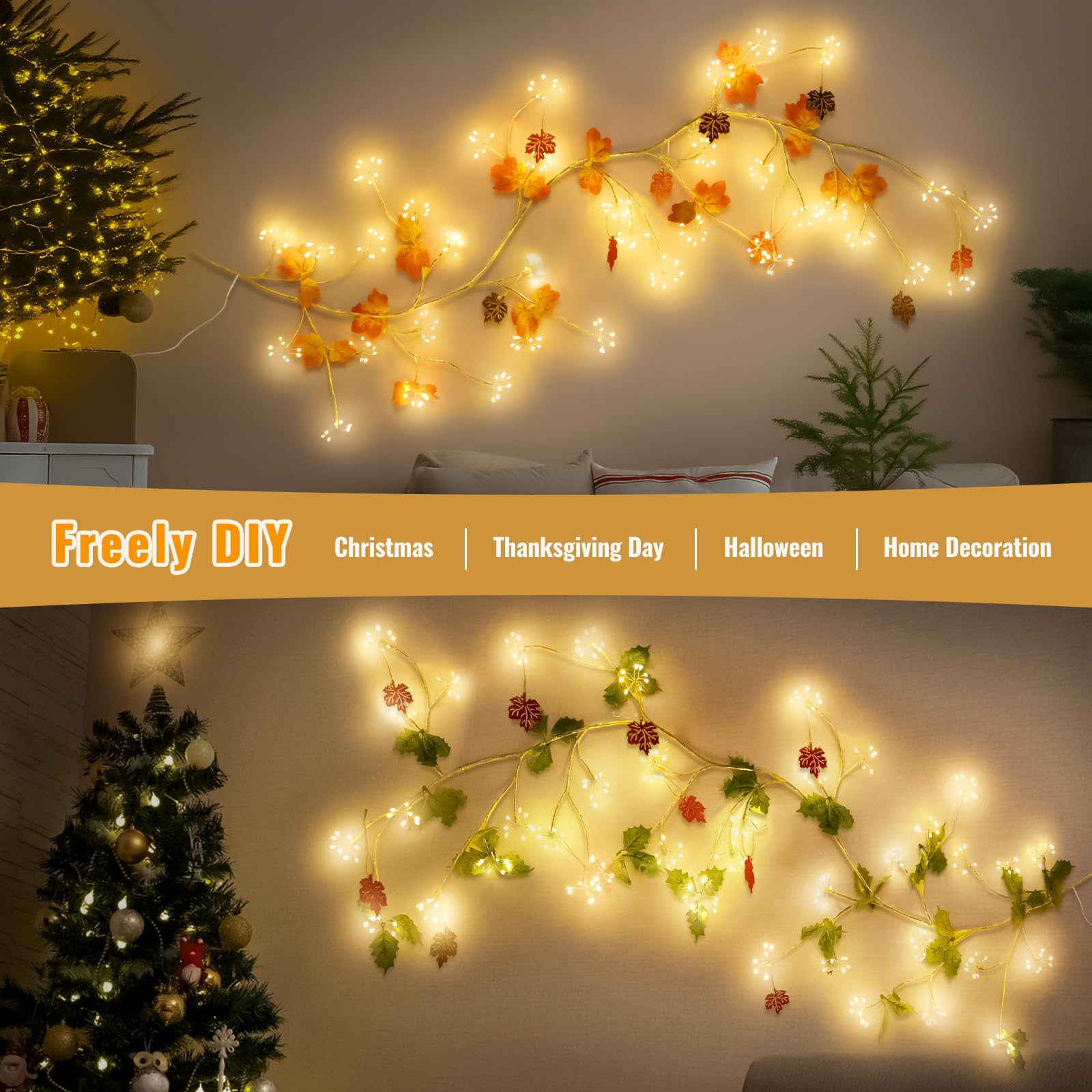 Ghirlanda Luminosa Luci a Fuochi d’Artificio, 8 Modalità Luci Albero con Telecomando e Timer, 288 LED Rami Albero Fai-da-te con Spina, Decorazione da Parete Interna per Camera da Letto e Natale