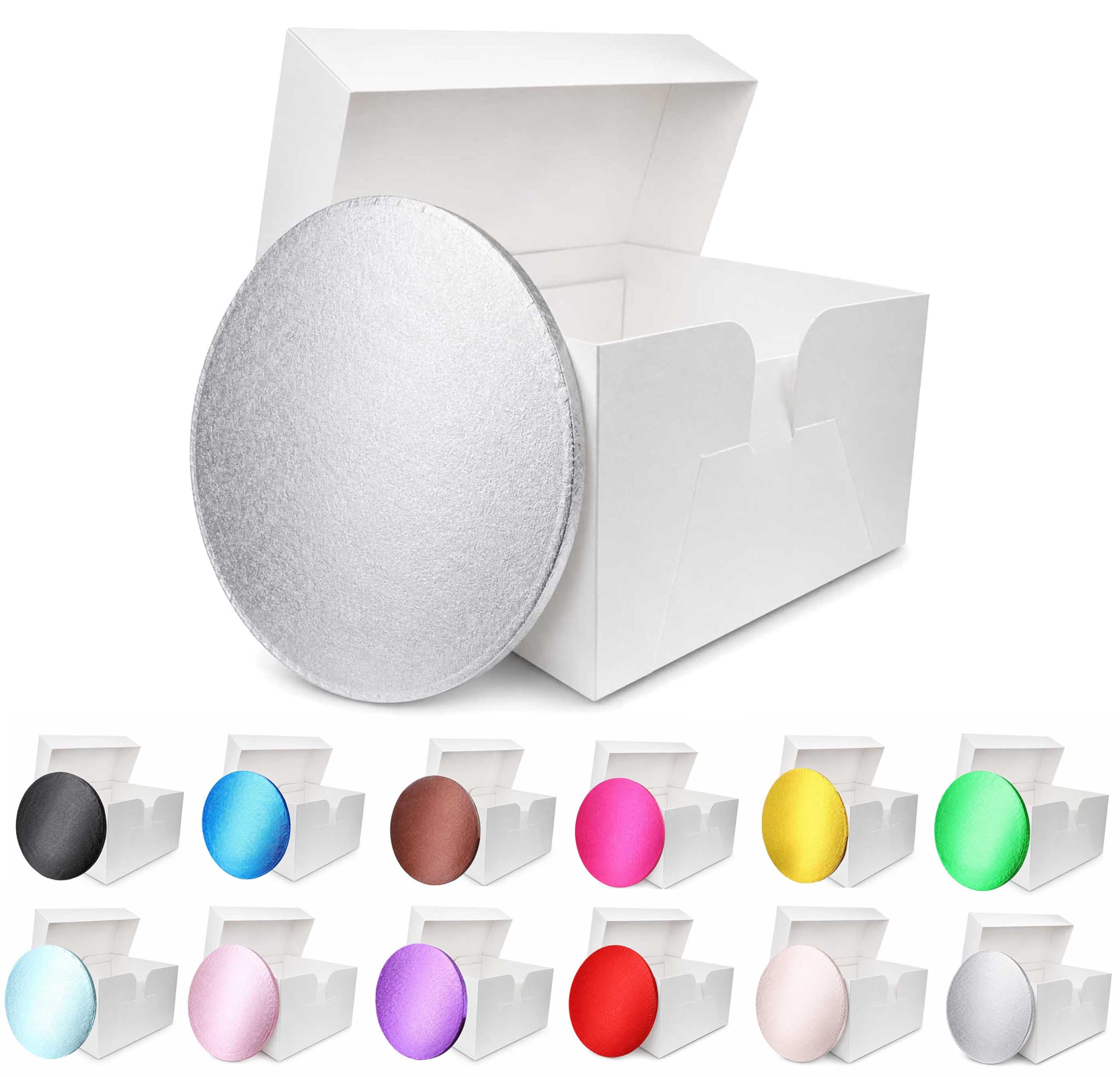 LARRYROO Colour Cake Drum Board & White Box + Lid Combo Pack for Wedding, Birthday Cakes (Silver, 20 Inches)