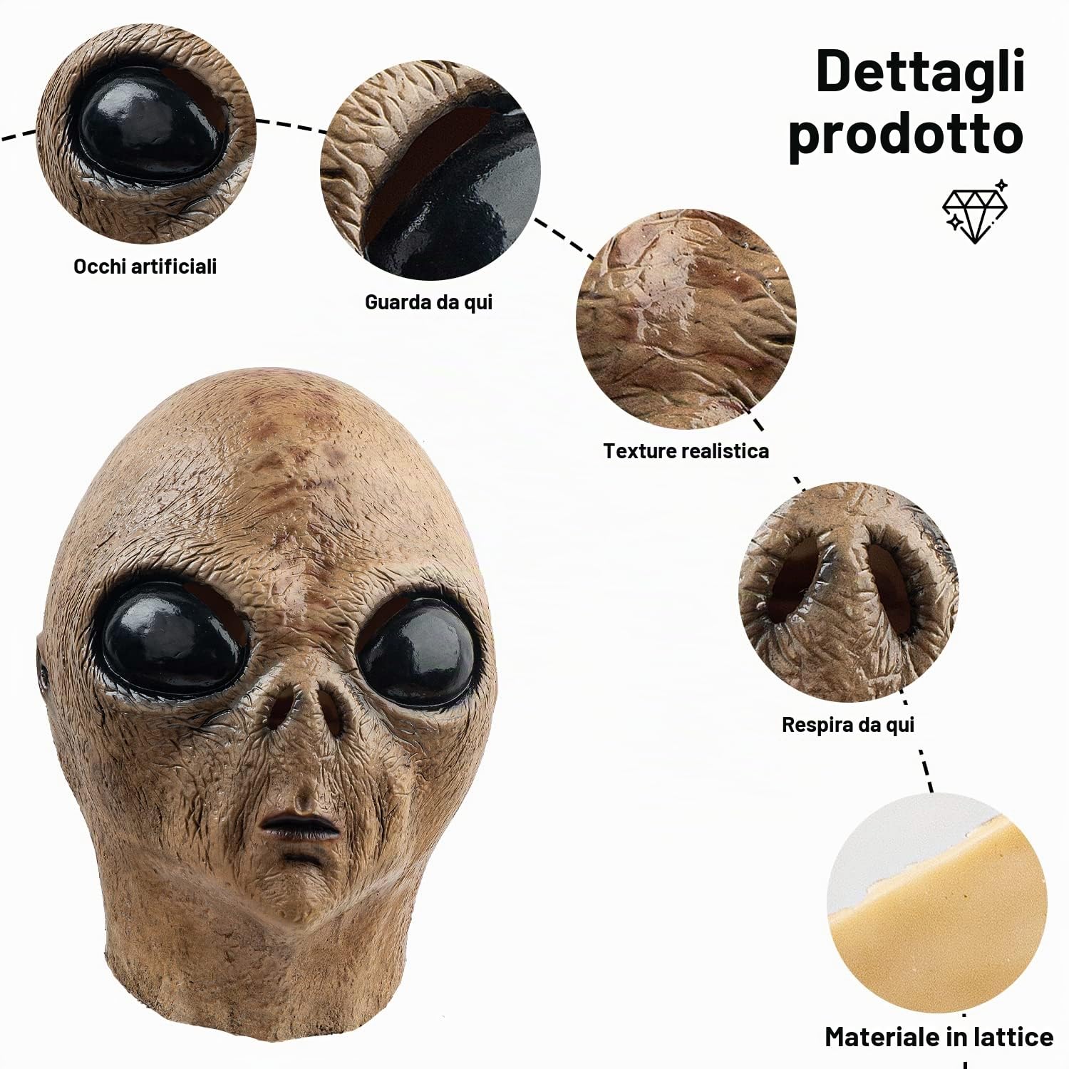 CreepyParty Maschera da alieno calvo con occhi grandi, raccapricciante alieno ET in lattice, maschera per travestimento per Halloween, carnevale, feste in maschera