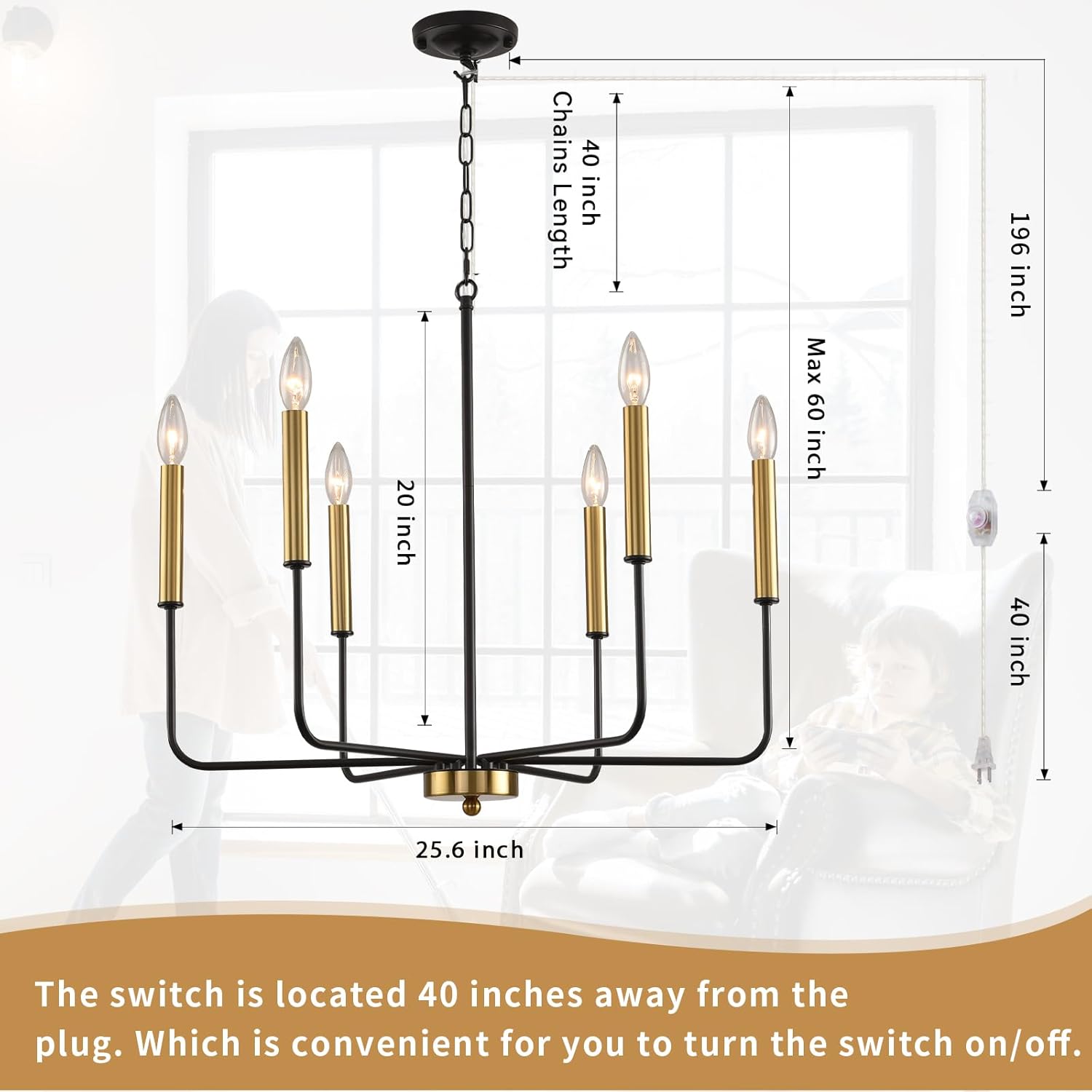 HOXIYA DIMMABLE Plug in Chandelier with Cord 25.6, Black and Gold 6 Light Modern Farmhouse Chandelier for Dining Room, Rustic Retro Hanging Ceiling Lighting Pendant Light Outdoor Gazebo Porch Bedroom