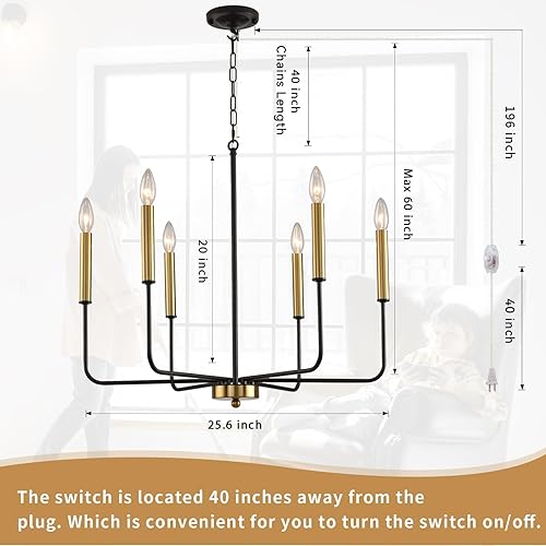 Miniatura 3 de HOXIYA Lámpara de araña regulable con cable de 25.6 pulgadas, 6 luces negras y doradas, moderna lámpara de casa de campo para comedor, estilo