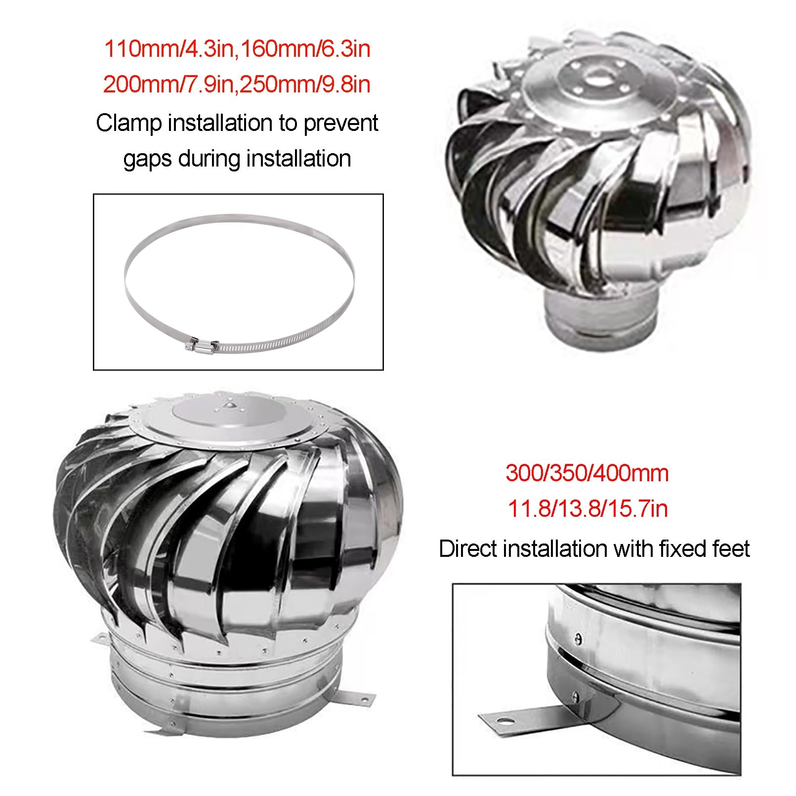 JUCCJUXIN Rotating Chimney Cowl Cap, Stainless Steel Rotating Chimney Cowl Cap,304 Stainless Steel Cowl Bird Guard Spinner,Cowl Cap With Claw Base Energy Saving,Roof Ventilator (Size : 450mm/17.71in - View #6