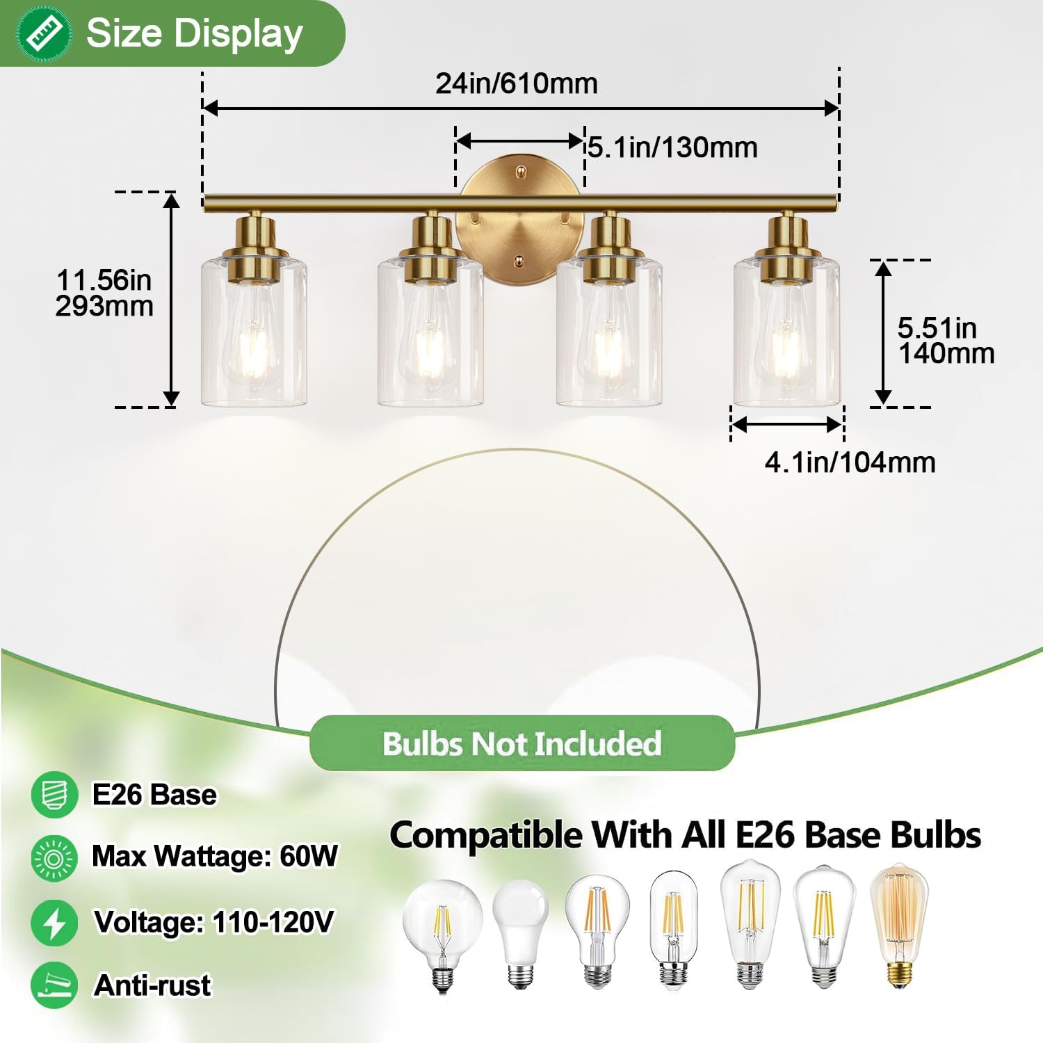 4-Light Bathroom Light Fixtures, Brushed Gold Modern Vanity Lights Over Mirror with Clear Glass Shade, Bathroom Wall Lamp for Mirror Kitchen Living Room Hallway Cabinet Porch Bedroom Reading room