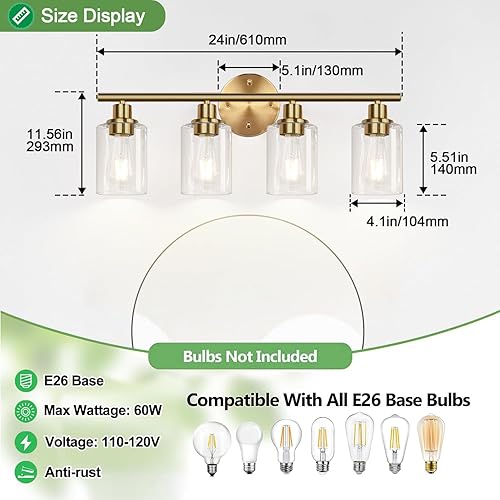 Miniatura 39 de Lámpara de baño de 3 luces doradas, moderna lámpara de tocador de baño con pantalla de vidrio transparente, luces de montaje en pared de baño de oro