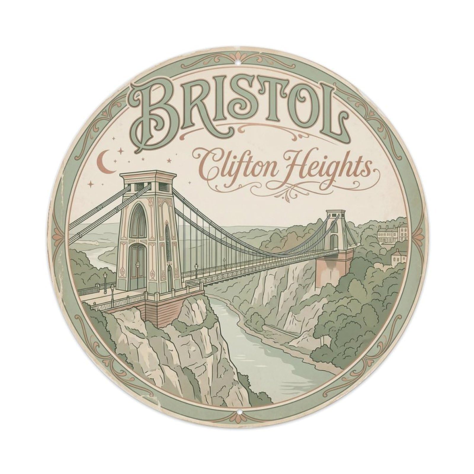 Vintage Travel Bristol Suspension Bridge Metal Tin Sign Plaque Wall Decor for Cafe, Club Bar, Office, Home Garden Round Metal Poster 8x8Inch