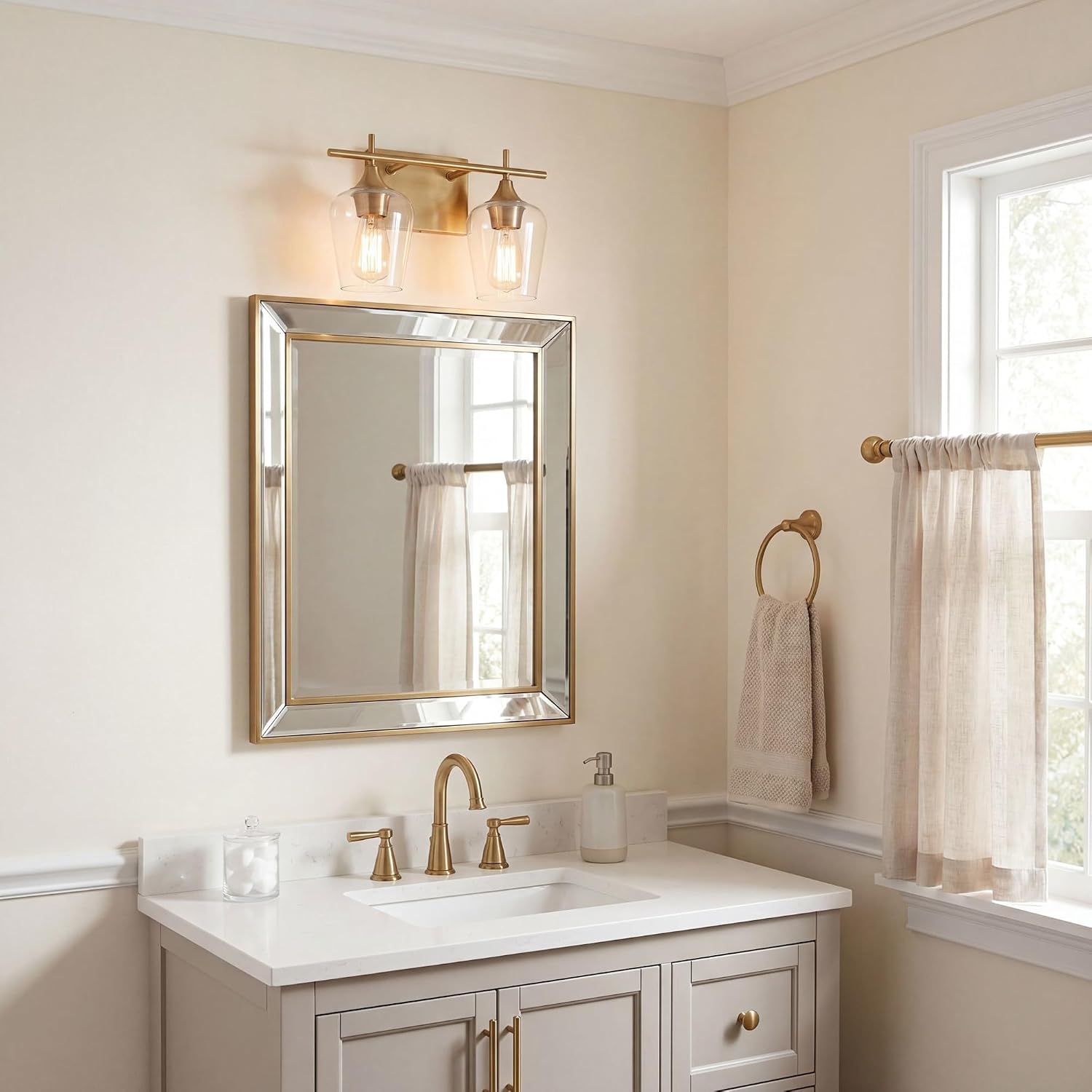 Savoy Essentials 8-4030-2-322 Octave Bohemian Clear Glass Bathroom Vanity Wall Light, 2-Light 120 Total Watts, 10" H x 14" W, Warm Brass image 4