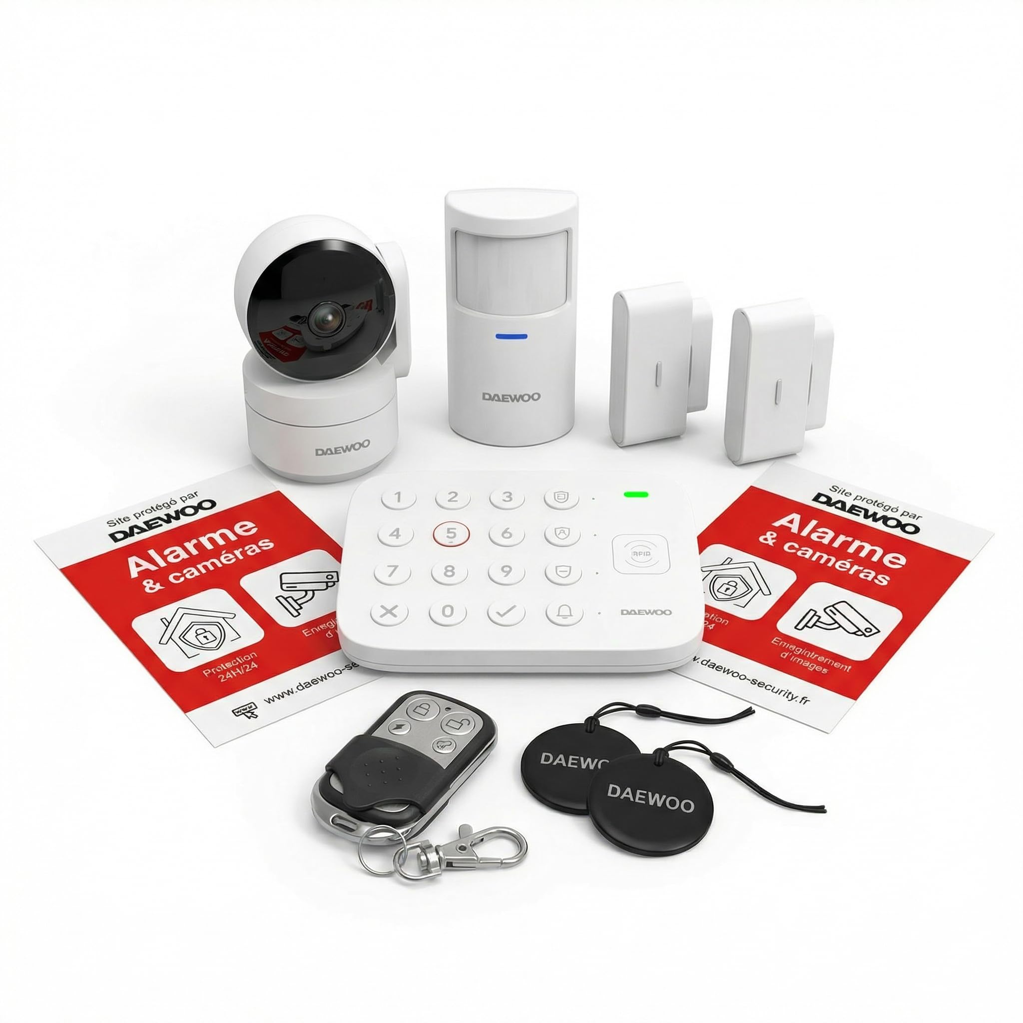 Daewoo Alarme Maison Connectée Vigilia+ | Kit Complet WiFi & GSM | Caméra Rotative, 2 Détecteurs Ouverture/Vibration, 1 Détecteur Mouvement Animaux, RFID | sans Abonnement | Compatible Alexa & Google