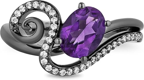 Miniatura 2 de Jewelili Enchanted Disney Fine Jewelry - Anillo de plata de ley con forma ovalada de 0.315 x 0.236 in, amatista y diamante redondo blanco natural de