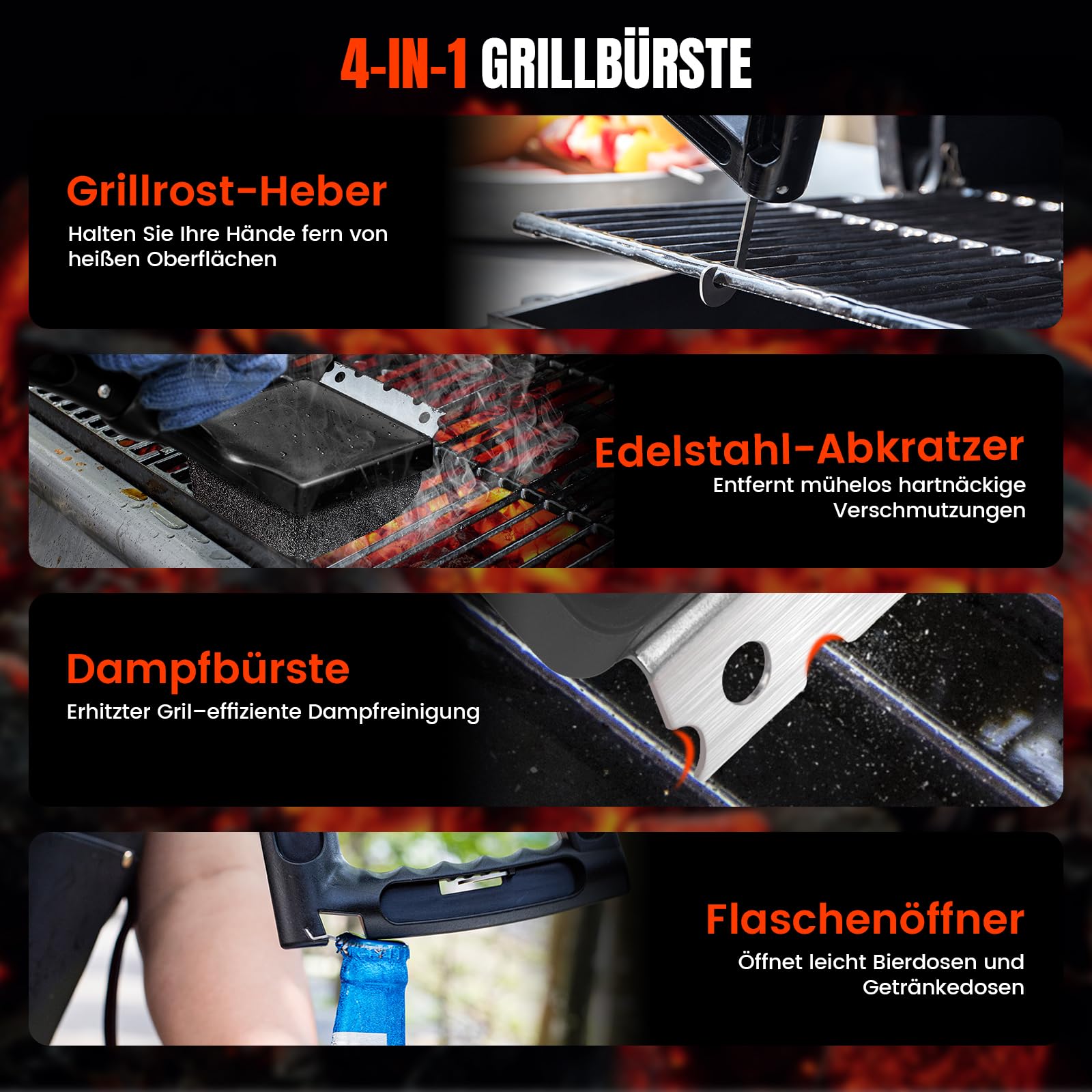 Brosse barbecue 4 en 1 Accessoires BBQ avec grattoir acier inoxydable Brosse réutilisable pour nettoyage grille Tissu Kevlar Sans poils