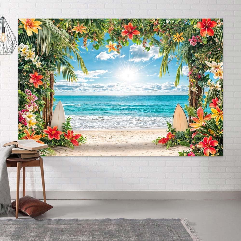 10x8ft Summer Hawaiian Beach Backdrop Tropical Blue Sky Ocean Flower Palm Leaves Surfboard Photography Background for Luau Aloha Wedding Baby Birthday Party Decoration Banner Picture Photo Booth