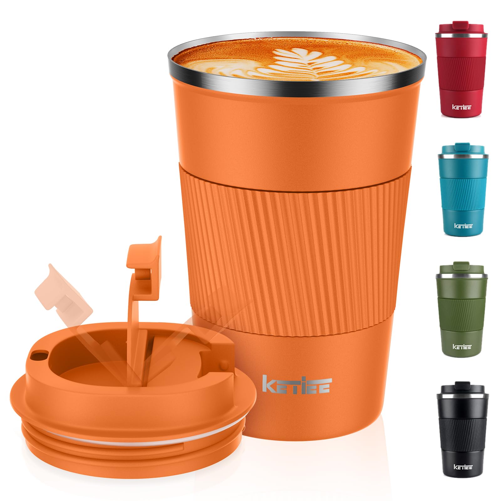 KETIEE Kaffeebecher to go,380ml Thermobecher Kaffee-to-go,Kaffeebecher Thermo,Doppelwandig Reisebecher Travel Mug,Vakuum Isolierbecher mit auslaufsicherem Deckel für Kaffee und Tee,Orange Braun