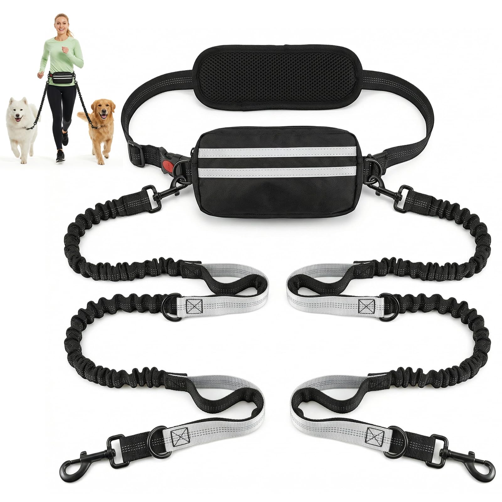 Hands Free Dog Lead with Waist Bag, Double Dogs Leads for Medium Dogs, Dog Running Belt with Adjustable Waist, Dogs Walking Belt for Running, Walking, Hiking