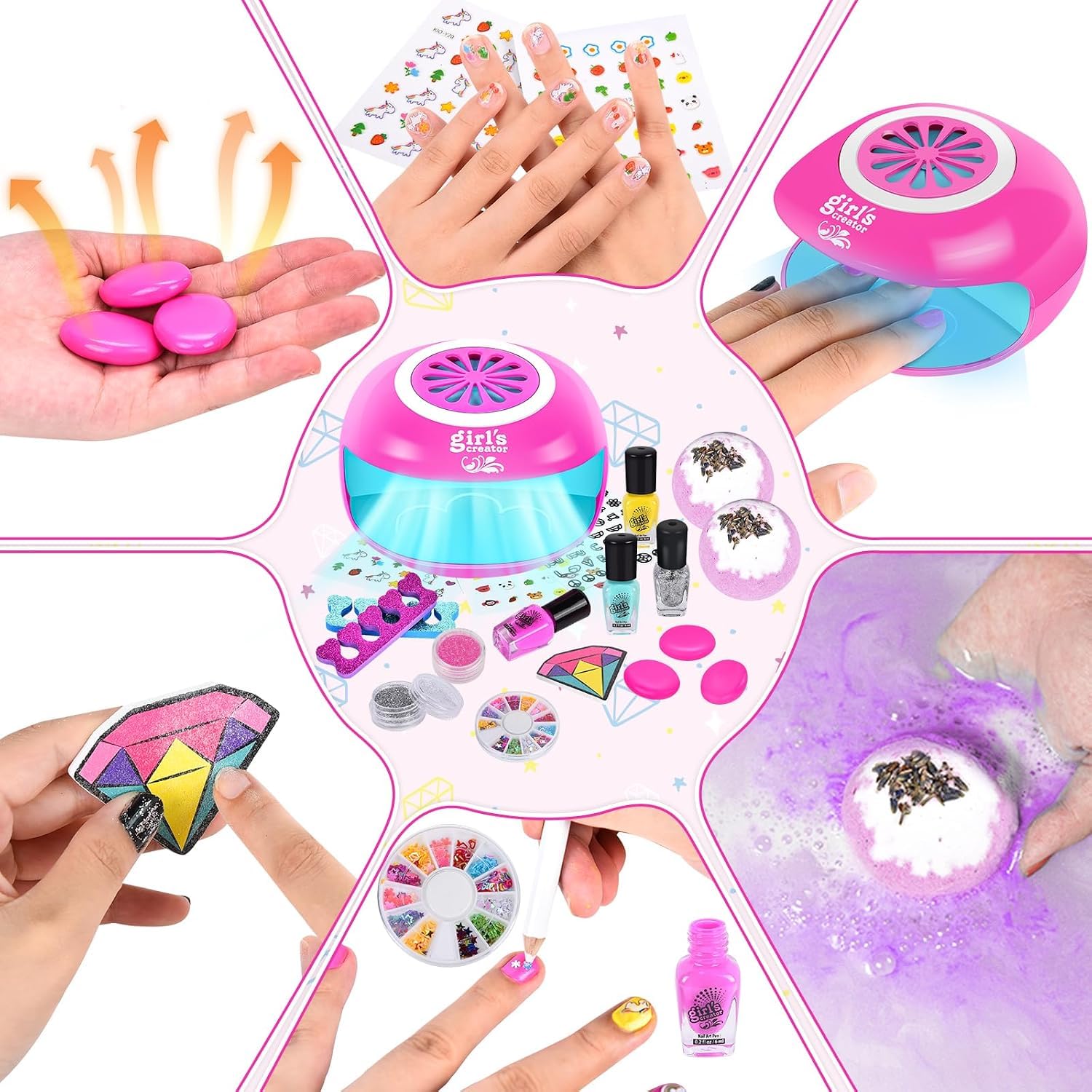 JONRRYIN Nail Studio per Bambini e Ragazze, Set Nail Studio Bambini & Spa per i Piedi, Pediluvio con Idromassaggio, Regali per Ragazze Set Smalto per Unghie, Nail Art Bambini 6 7 8 9, DIY Valigetta