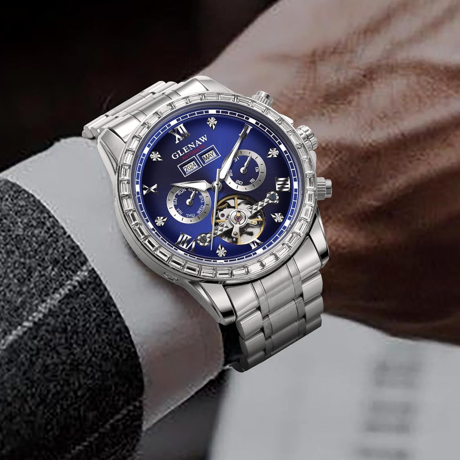 Automatic Watch for Men- Luxury Crystal Bezel Complete Calendar Mechanical Day Date Tourbillon Watch for Men Luminous with Stainless Strap - Image 4