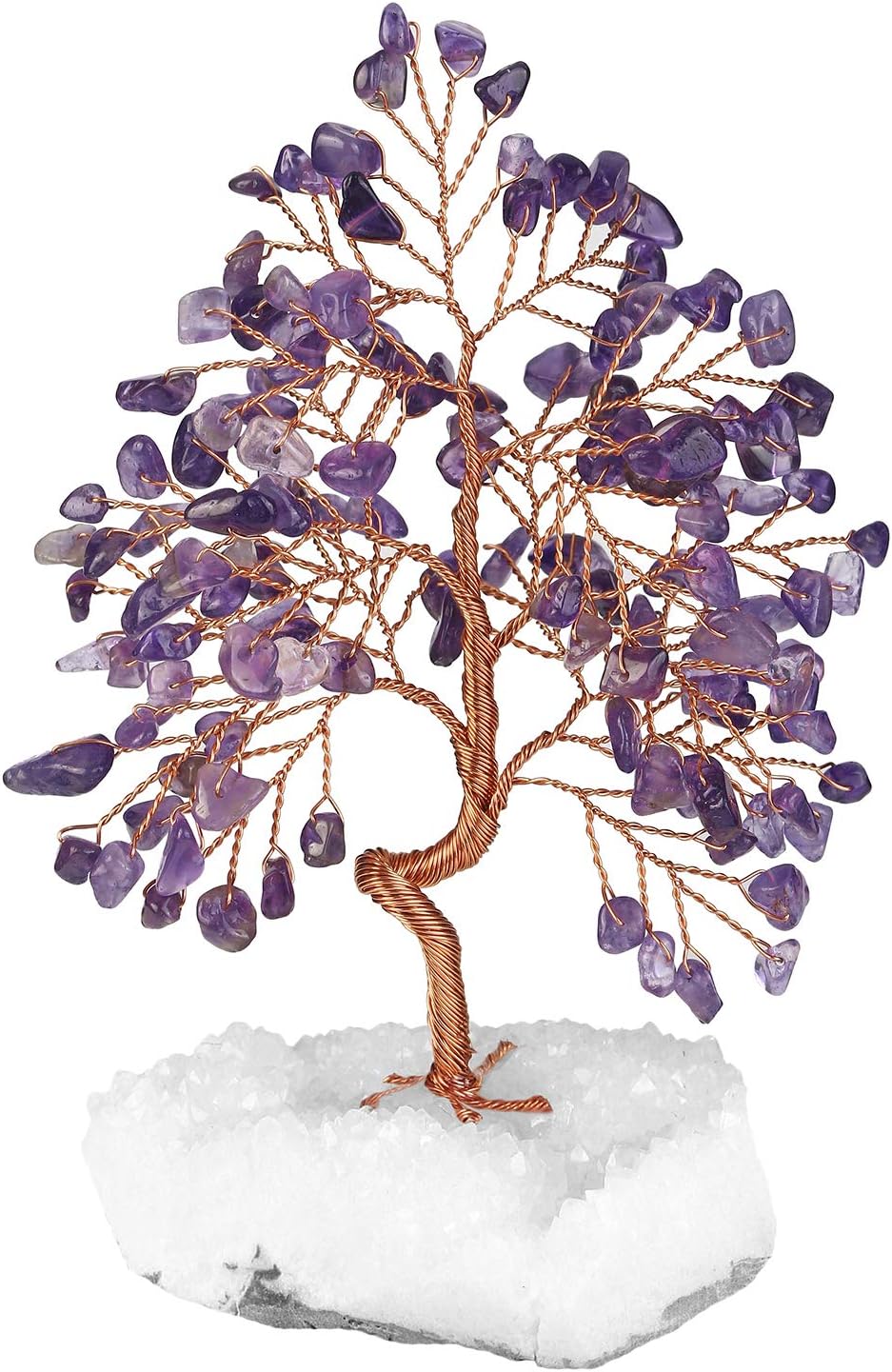 Top Plaza Amethyst Healing Crystals Copper Money Tree Wrapped On Clear Quartz Cluster Geode Druzy Base Home Office Desk Decor for Reiki, Good Luck, Wealth, Feng Shui