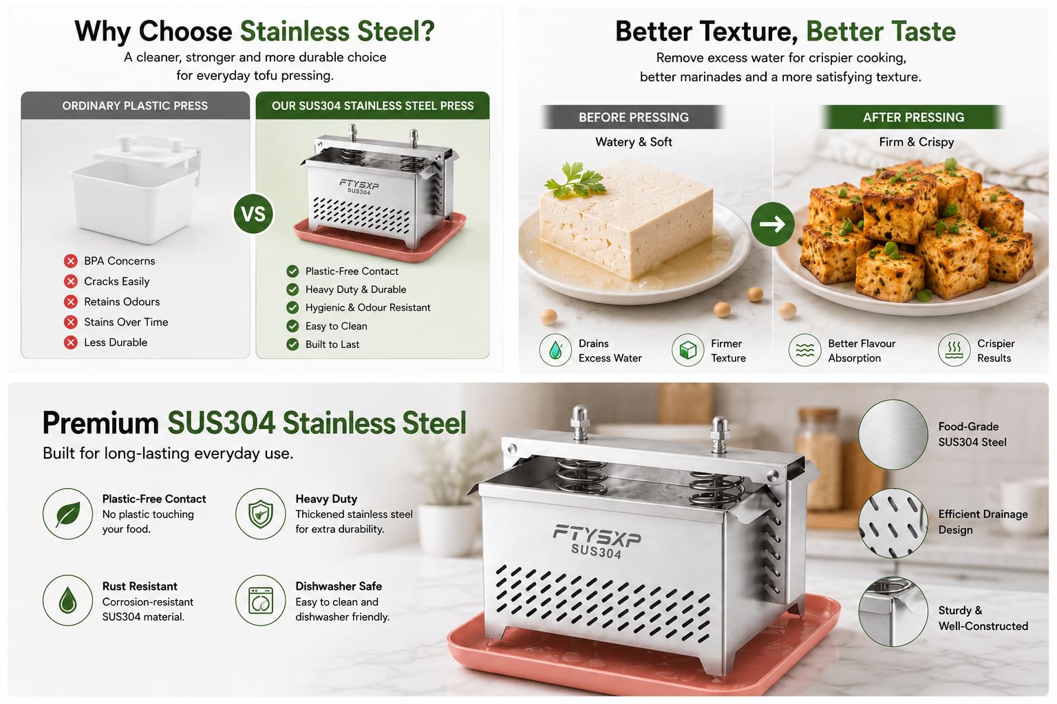 Tofupresse – 304 Edelstahl Käsepresse, Paneer machen und vegetarische Tofupresse, starker Druck verstellbar, BPA-frei, spülmaschinenfest für Tofu-Maker und Paneerpresse (16 x 14 x 13 cm)