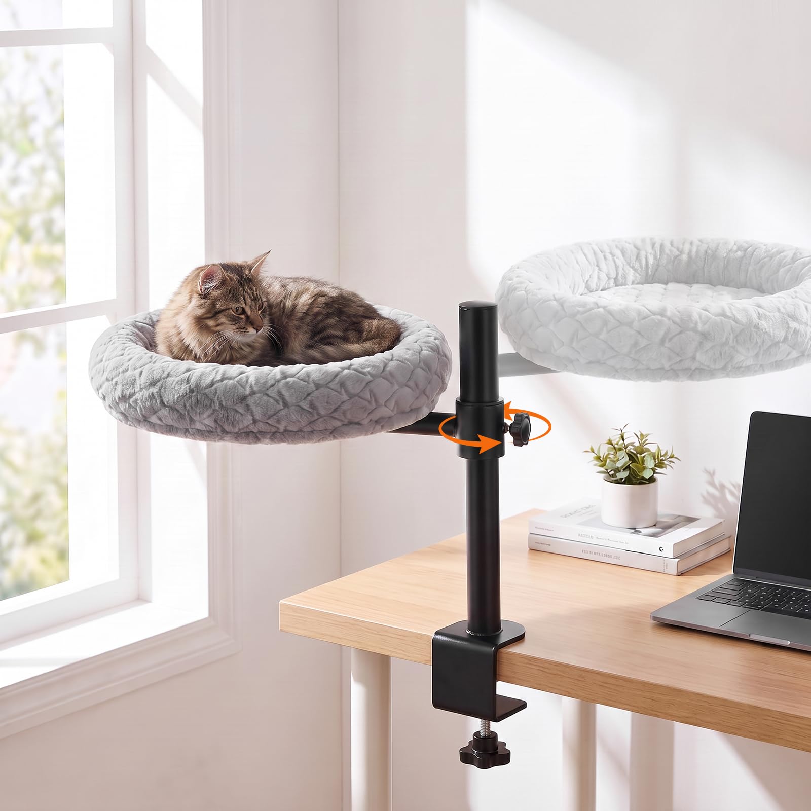 Hivexagon Cat Desk Perch for Indoor Cats, 360° Rotating Cat Hammock Bed, Heavy-Duty Carbon Steel Support Holds Over 15KG, 40cm Plush Nest with Removable Washable Cushion