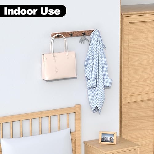 Miniatura 9 de Perchero de madera de nogal de 17 pulgadas con 4 ganchos dobles negros, ganchos de entrada montados con adhesivo, modernas clavijas de madera