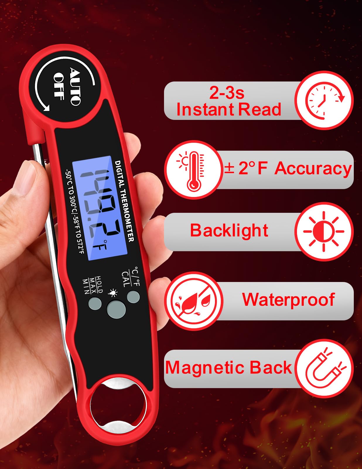 Fleischthermometer Digital, Sofort ablesbares Lebensmittelthermometer zum Kochen Grill BBQ Fritteuse, Wasserdicht & Hintergrundbeleuchtetes Display Digitales Fleischthermometer - Küchenhelfer