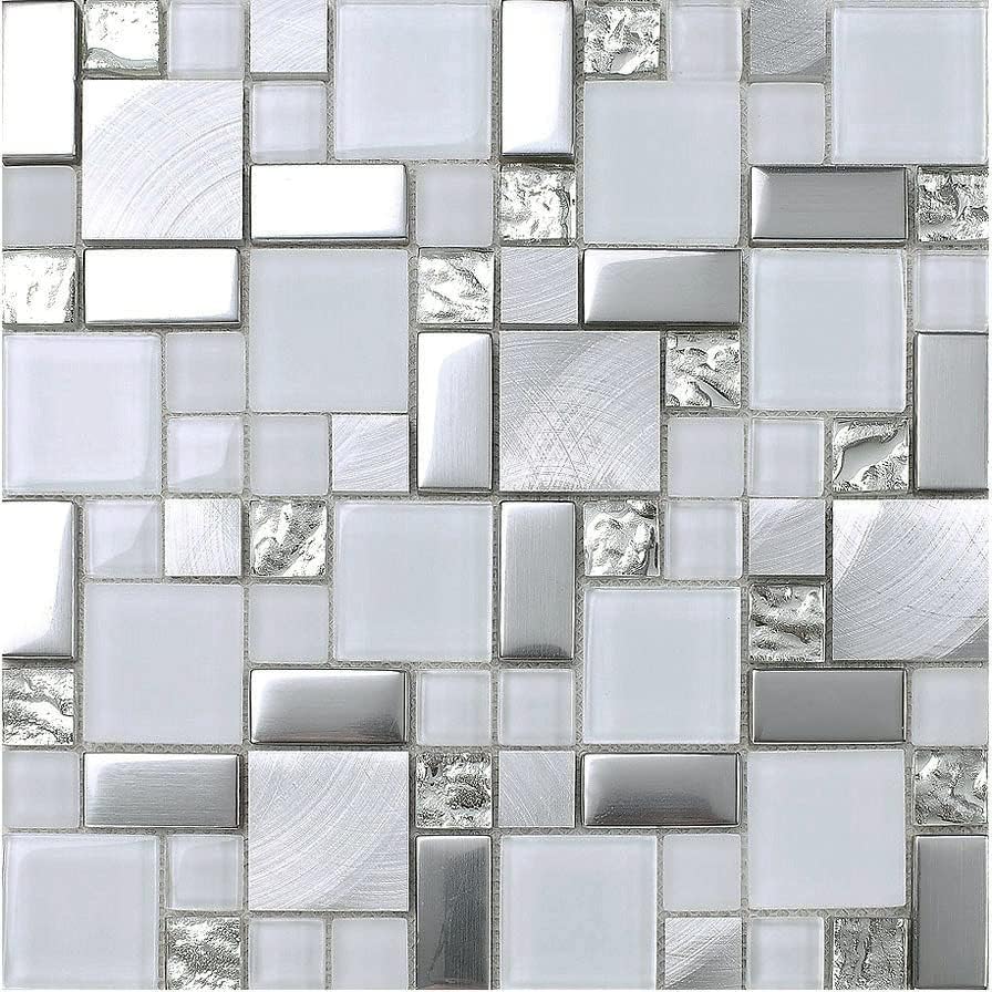 Mosaico de vidrio de metal para cocina, diseño francés, blanco, plateado, aluminio cepillado, cromado metálico (11 pies cuadrados)