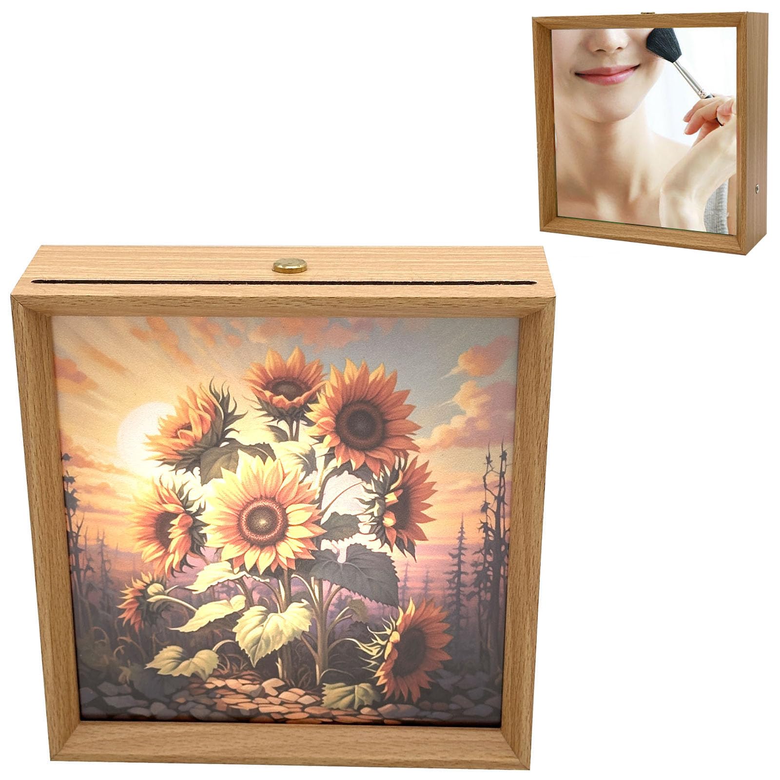4-in-1 Wooden Picture Frame Wind Up Music Box with Mirror, Rechargeable 3-Color Touch LED Night Light Musical Gift for Women Girl Party Home Desktop Display-Sunflower