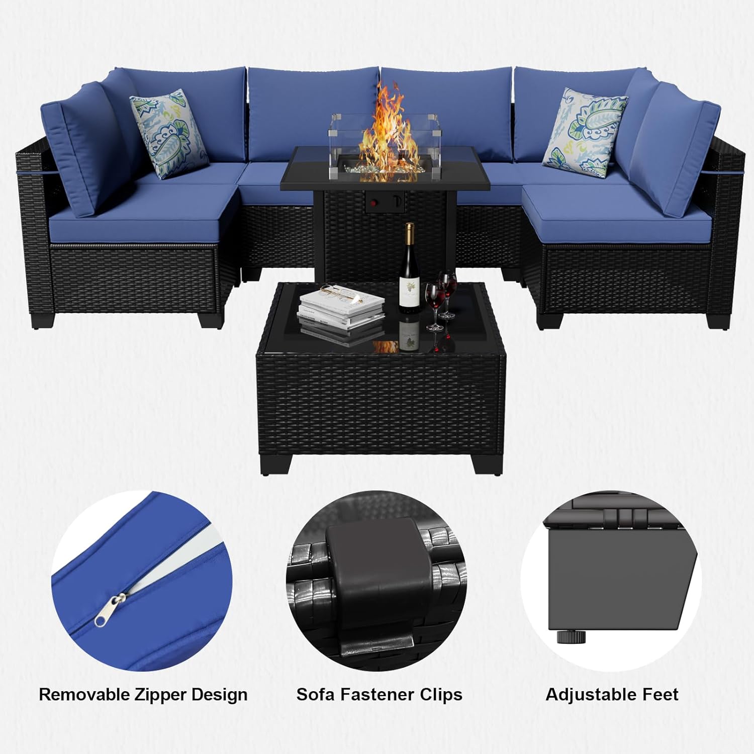 8 Piece Patio Furniture Set with Fire Pit Table, Wicker Outdoor Sectional Sofa, Conversation Set for Backyard, Garden, Deck (Coffee/Blue)