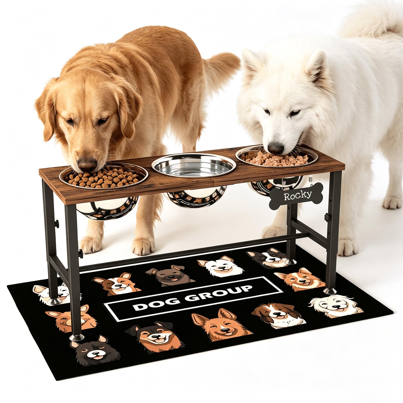 ADENGL Triple Elevated Dog Bowls Stand for Multiple Dogs, 3 Height Adjustable Raised Dog Bowl Stand with 3 Stainless Steel 1700ml(58oz) Bowls &amp; Wood Tray &amp; Mat