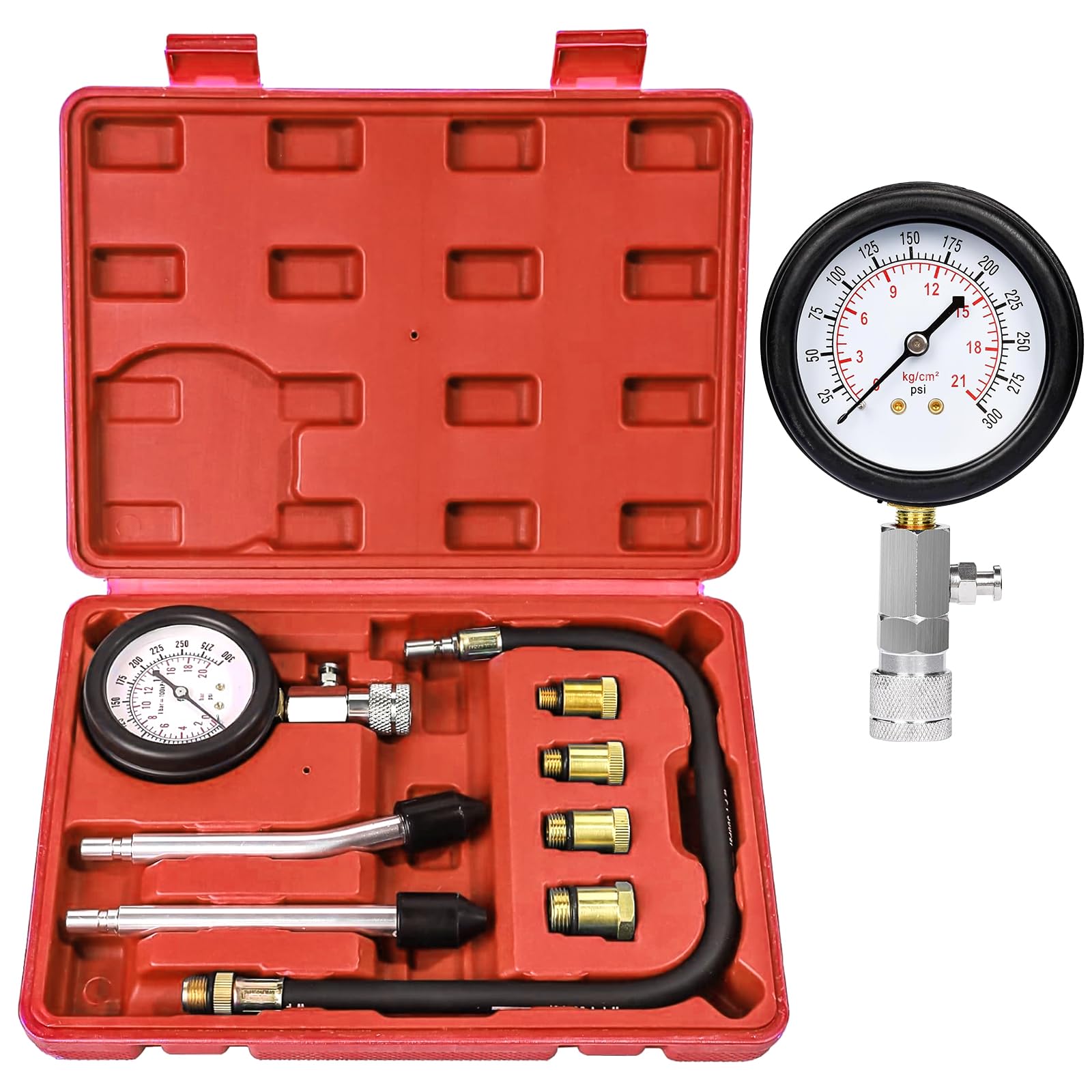 Zorplex Zestaw Tester Kompresji Silnika 0-21 Bar / 0-300 PSI z Manometrem i 4 Adapterami M10 M12 M14 M18, Miernik Ciśnienia Sprężania do Samochodów, Motocykli i Silników Benzynowych (Czerwony)