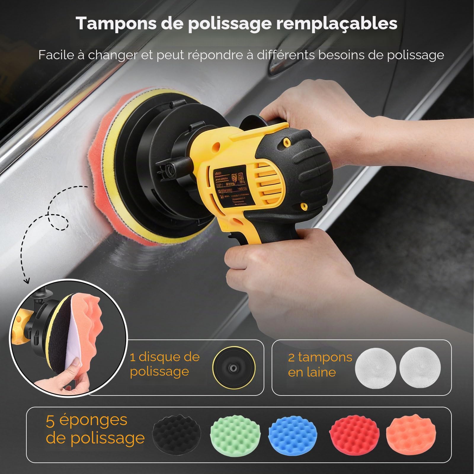 Lustreuse Polisseuse Voiture, 700W Polisseuse Voiture avec 6 Vitesses Réglable 600-3700 tr/min, Moteur Puissant, Poignée Amovible et 5 Tampons de Polissage Amovibles pour Polissage Voiture
