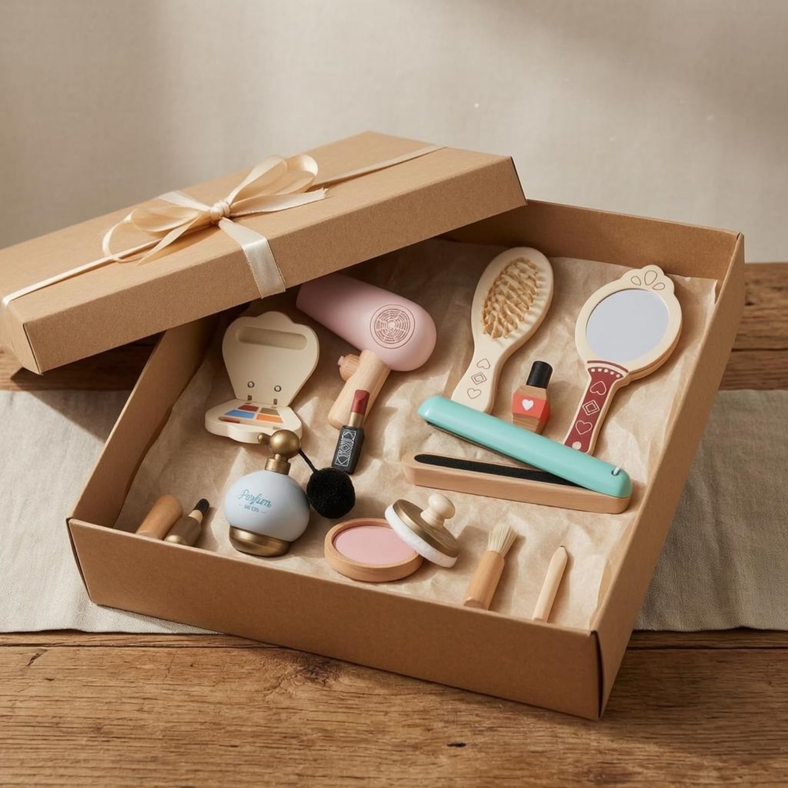 Giocattolo in Tessuto Set Trucco Bambini Kit Cosmetici Finti Phon Specchio Spazzola Pettine Rossetto Materiale in Legno Adatto per Gioco di Ruolo