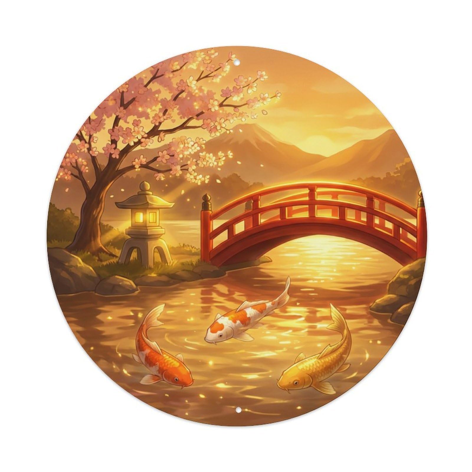 Tgrcjimh Style Metal Tin Sign Japanese Koi Fish Golden Hour Bridge Glowing