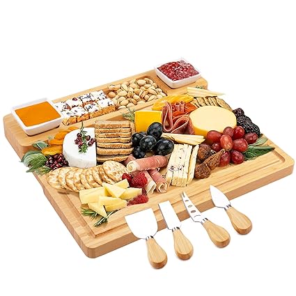 Large Charcuterie/Cheese Boards and Knife Set - Bamboo Wine Meat Cheese Tray Platter - Unique Bridal Shower/Housewarming / Anniversary Wedding Gifts for Couple
