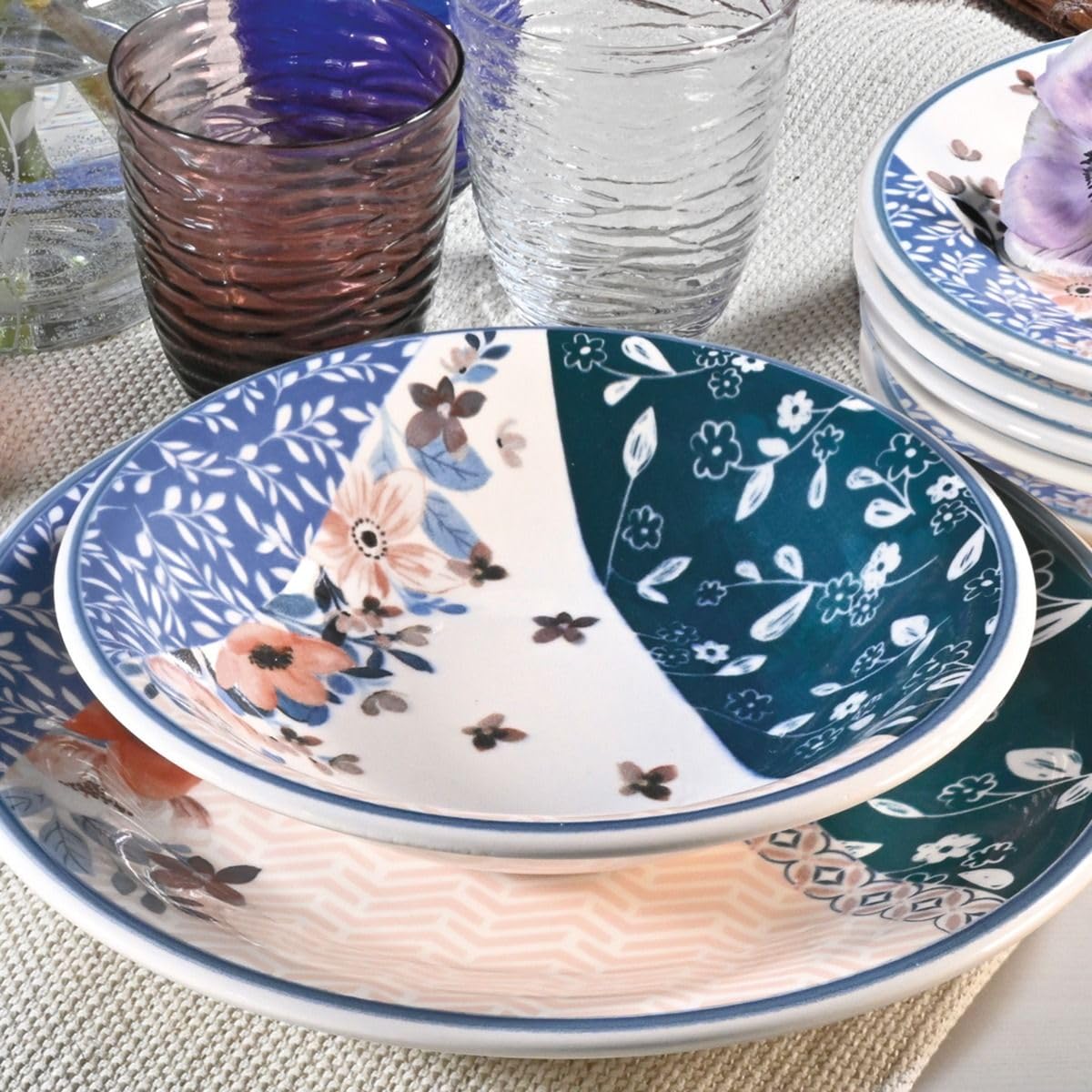 Wald Colección de mesa de platos llanos, hondos, frutas, ensaladera y plato de cerámica, decoración acuarela, lavables en lavavajillas (plato hondo – 6 unidades)