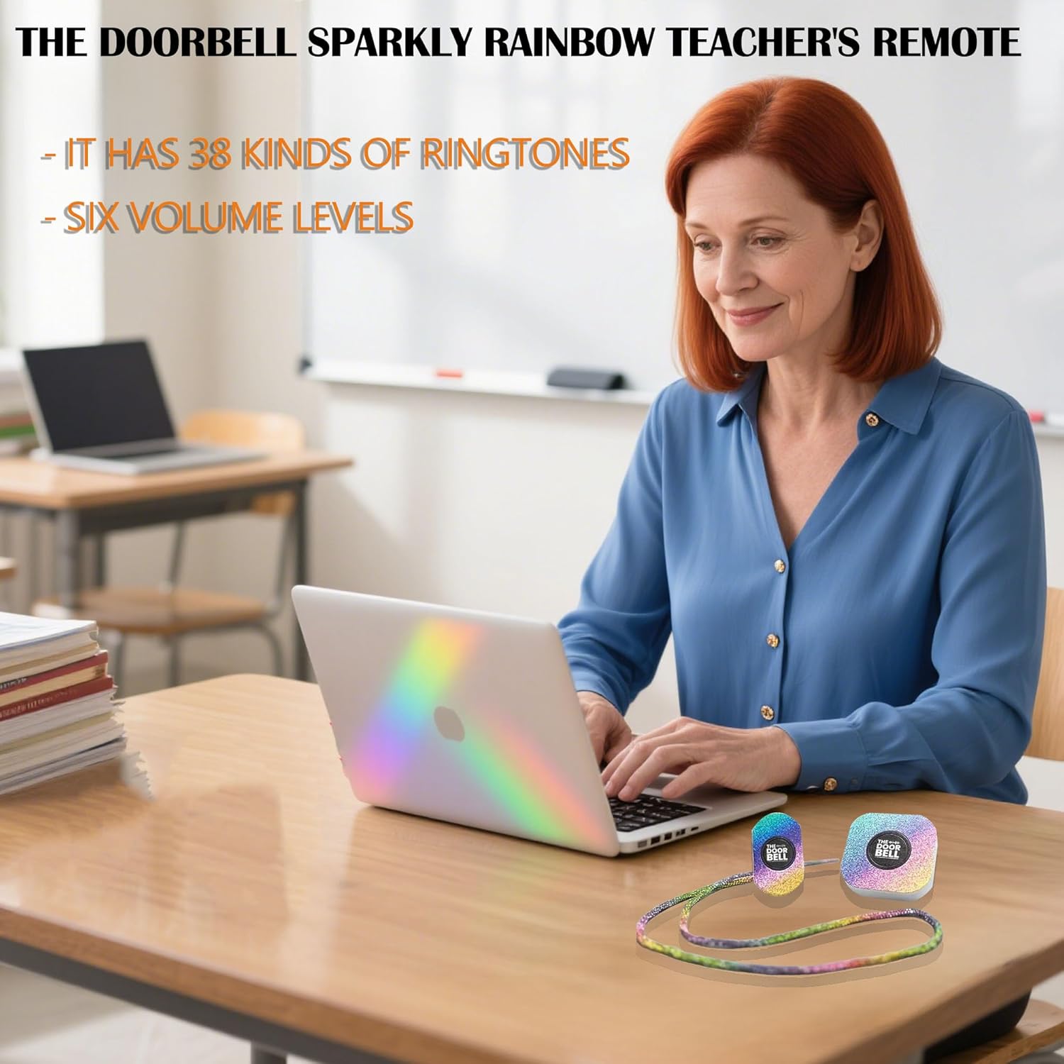 Sparkly Rainbow Classroom Doorbell for Teachers, Classroom Management Wireless Bell, 38 Chimes & 4-Level Volume for Home, Kid Room, Office (1pcs)
