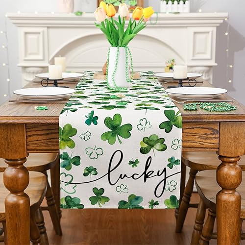 Miniatura 2 de Siilues Camino de mesa del día de San Patricio decoraciones del día de San Patricio de la suerte trébol verde decoraciones de mesa de primavera y